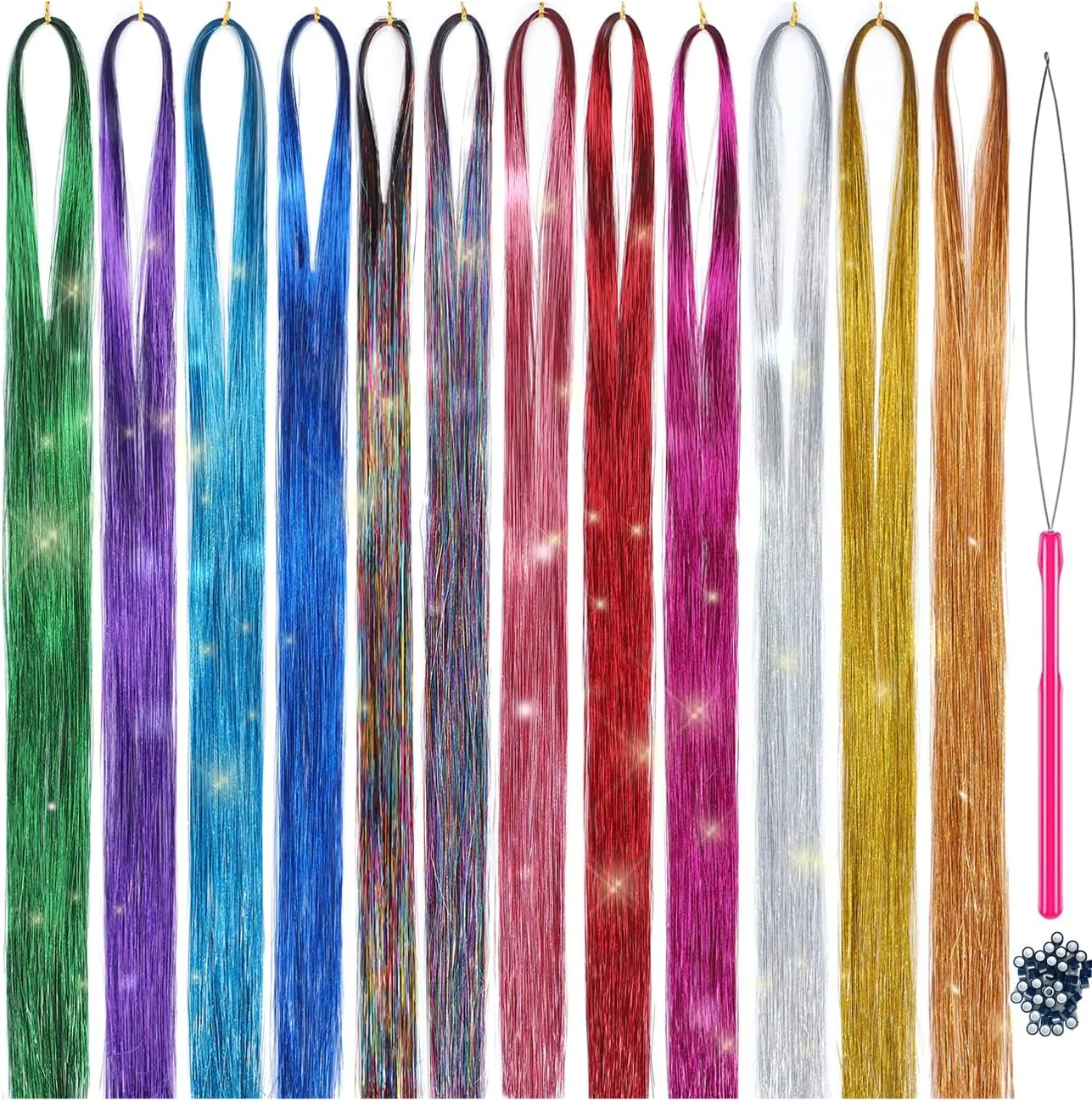 کیت رشته های براق مو با ابزار 12 رنگ 47 اینچی 2100 رشته، اکستنشن موی پری براق و درخشان ابریشمی (12 رنگ)