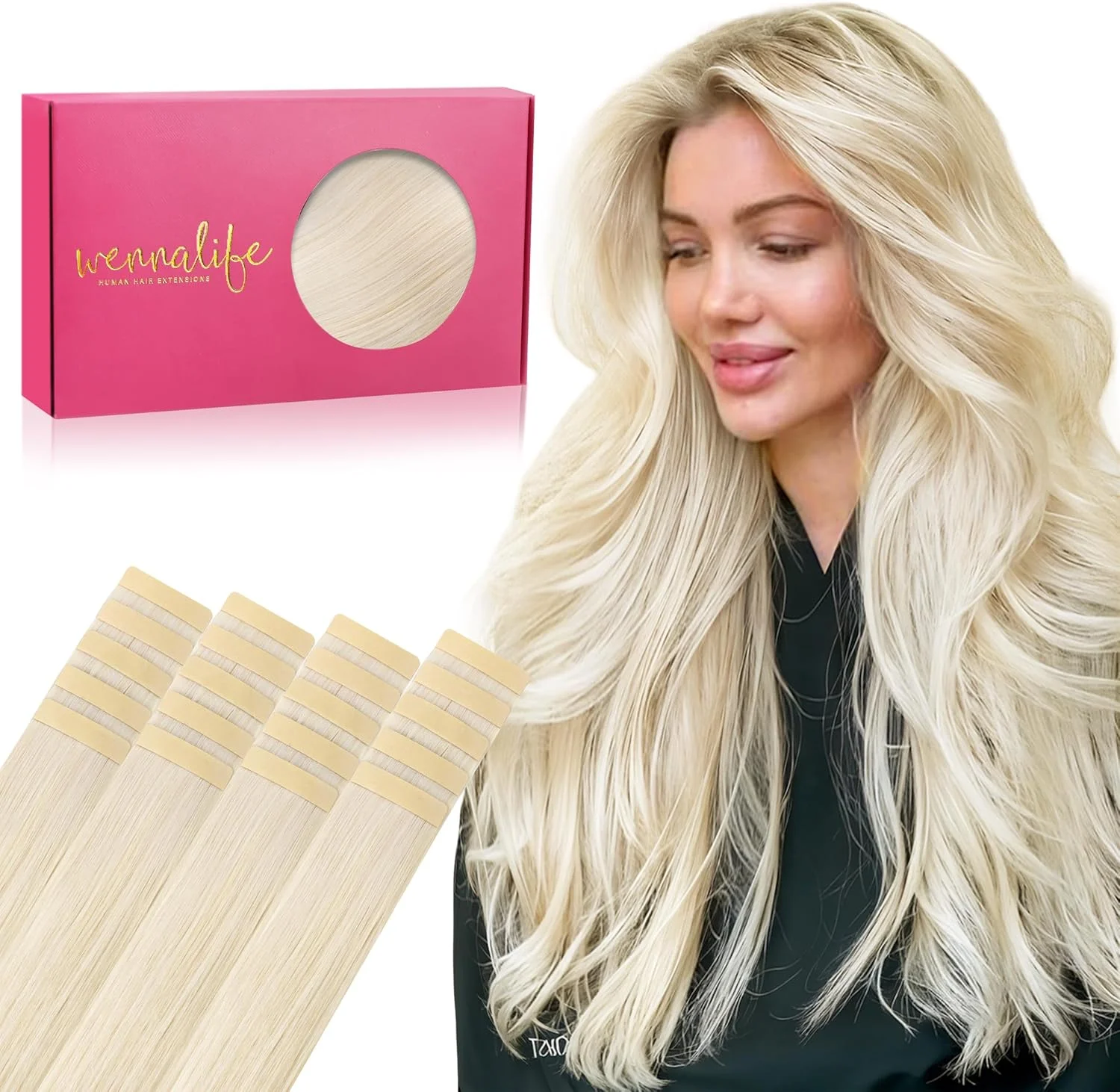 اکستنشن مو چسبی WENNALIFE، موی طبیعی انسان، 20 عدد 50 گرمی 35 سانتی متری بلوند پلاتینی، اکستنشن موی ریمی طبیعی، اکستنشن موی چسبی صاف، اکستنشن موی چسبی بافت پوست موی طبیعی انسان