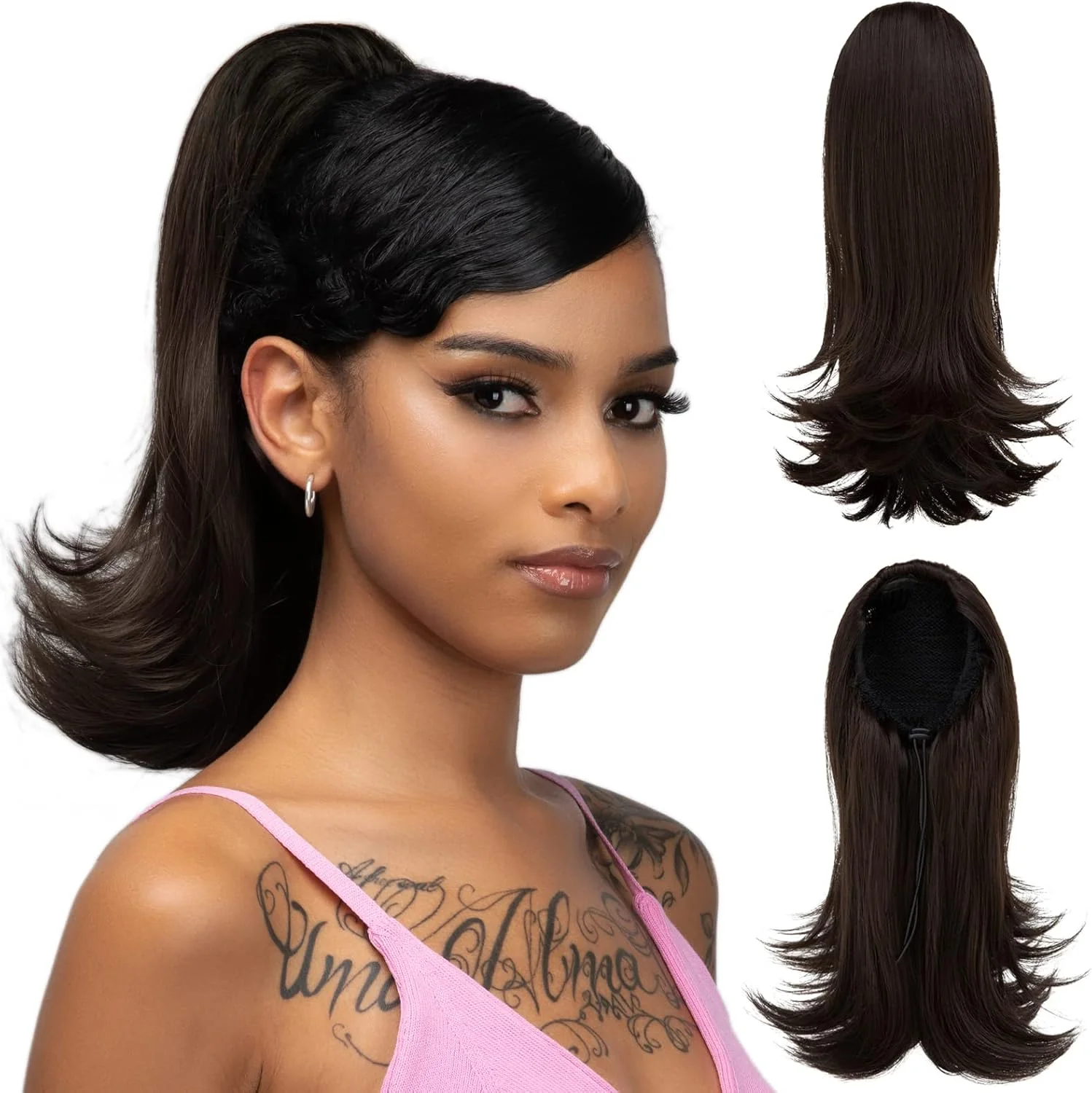YUMOREAL Drawstring Ponytail Extension 14 Inch Short Curly Pony Tail Hair Extensions for Women Girls High Heat Resistant Synthetic Fiber Fake Hairpieces-Black Brown