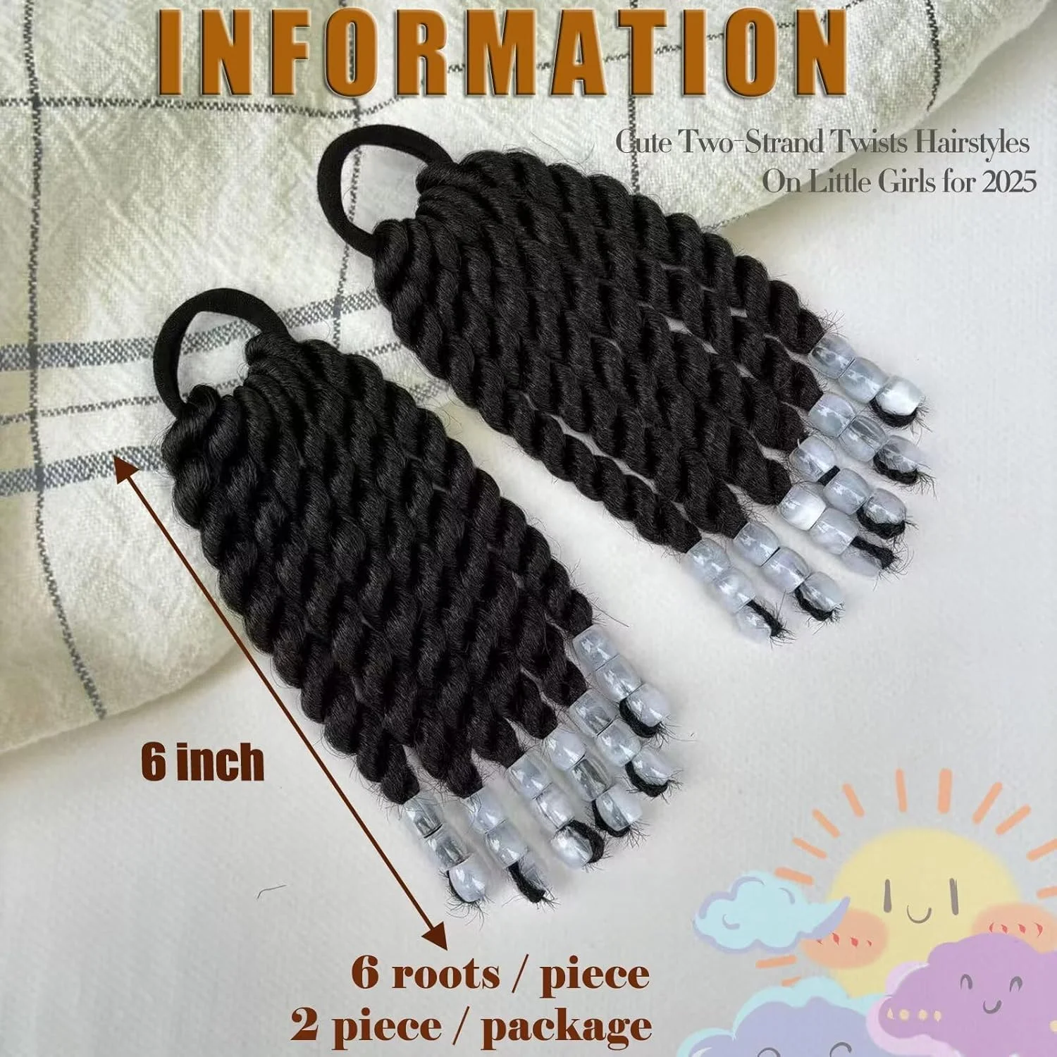 اکستنشن موی دم اسبی بچه گانه YOROSTAR با مهره، 6 اینچ، 2 عدد، مدل موی بافت دوتایی برای محافظت از موهای بافته شده دختران سیاه پوست (سفید)