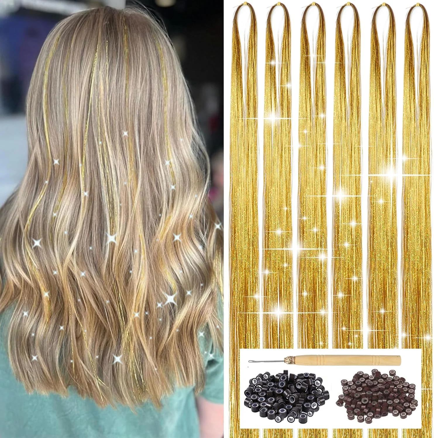 کیت سیم موی طلایی YOOONXI با ابزار، 6 بسته 1200 رشته اکستنشن موی براق، مقاوم در برابر حرارت، لوازم جانبی موی پری براق و درخشان برای زنان، دختران و کودکان 47 اینچ
