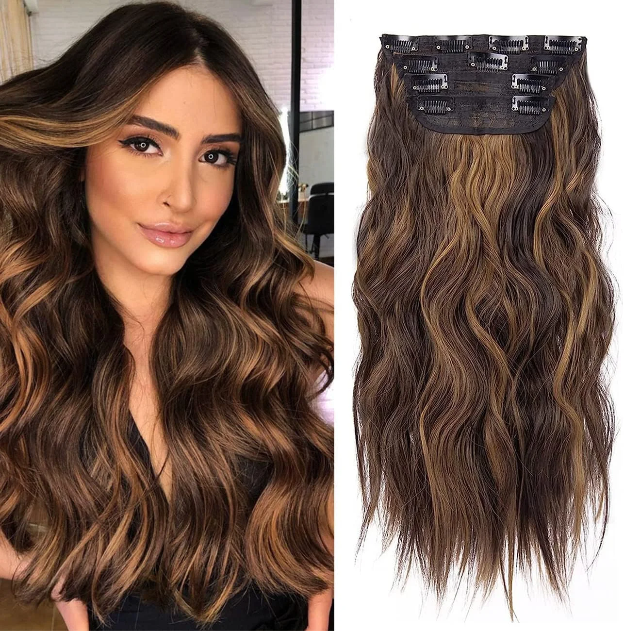اکستنشن مو کلیپسی ZQIAN BEAUTY، 4 تکه، اکستنشن موی مصنوعی بلند و موج دار، اکستنشن موی 50 سانتی متری قهوه ای برای زنان (رنگ: شاه بلوطی قهوه ای مخلوط با قهوه ای روشن)