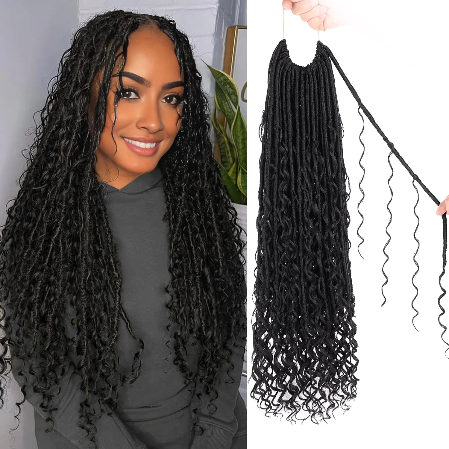 موهای بافتنی قلاب بافی ZRQ مدل Boho Faux Locs، سایز 24 اینچ، 9 بسته 90 رشته ای، موهای بافتنی الهه Locs از قبل حلقه شده، مشکی طبیعی، Bohemian River Locs برای زنان سیاه پوست، Soft Locs با انتهای فرفری (24 اینچ، 1B#)