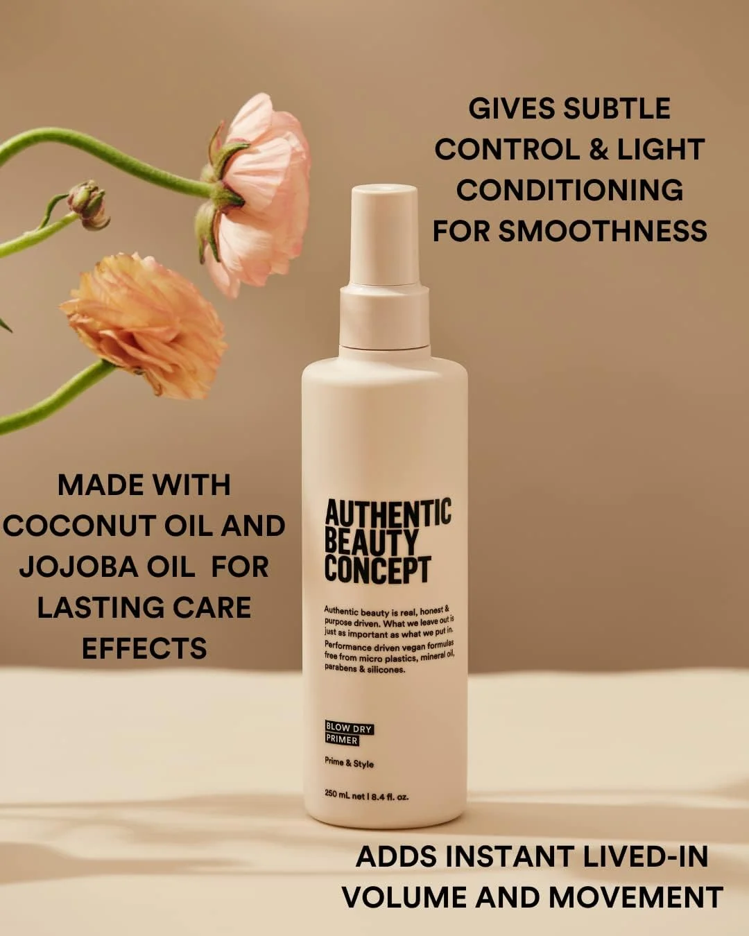 پرایمر حالت دهنده مو Authentic Beauty Concept | اسپری محافظت از حرارت سشوار | محافظت از مو در برابر آسیب سشوار | محافظت حرارتی | وگان و بدون تست حیوانی | بدون سیلیکون | 250 میلی لیتر