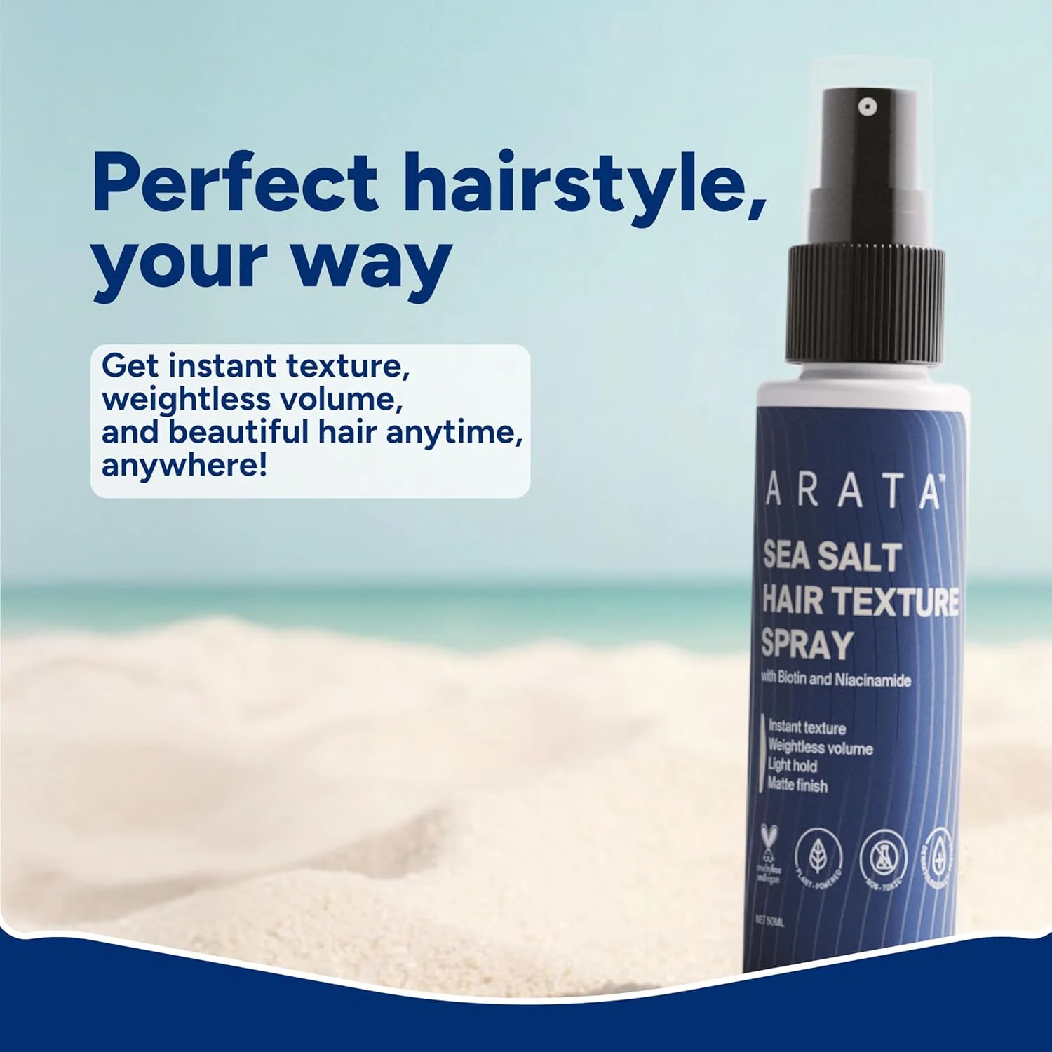 اسپری موی ضخیم کننده نمک دریایی آراتا (50 میلی لیتر) | غنی شده با نمک دریایی، بیوتین و نیاسینامید | برای موهای ضخیم تر و پرپشت تر فوری