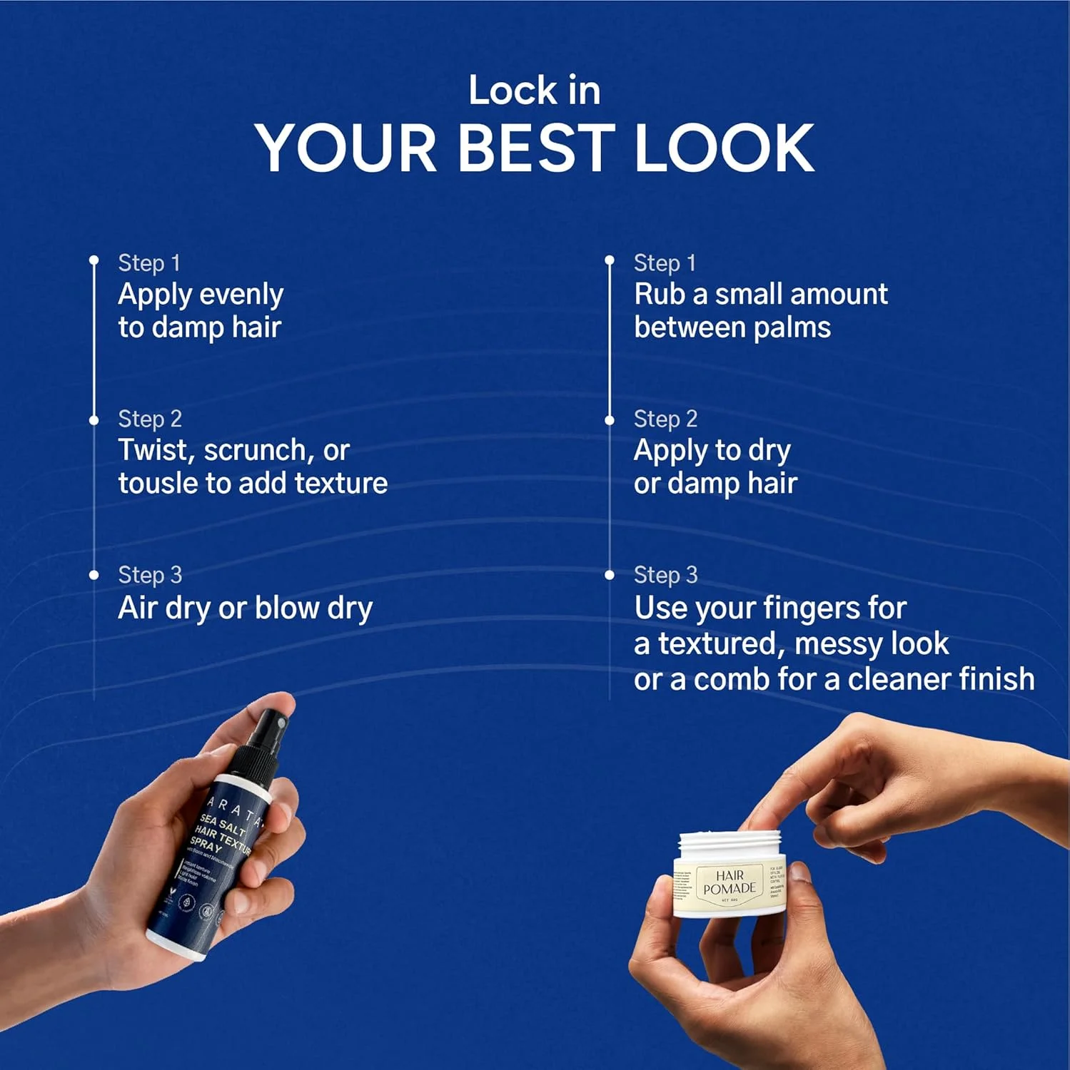 ست آرایشی حرفه ای آراتا با اسپری ضخیم کننده مو با نمک دریا (50 میلی لیتر) و پماد مو (50 گرم) | استایلی براق با کنترل انعطاف پذیر
