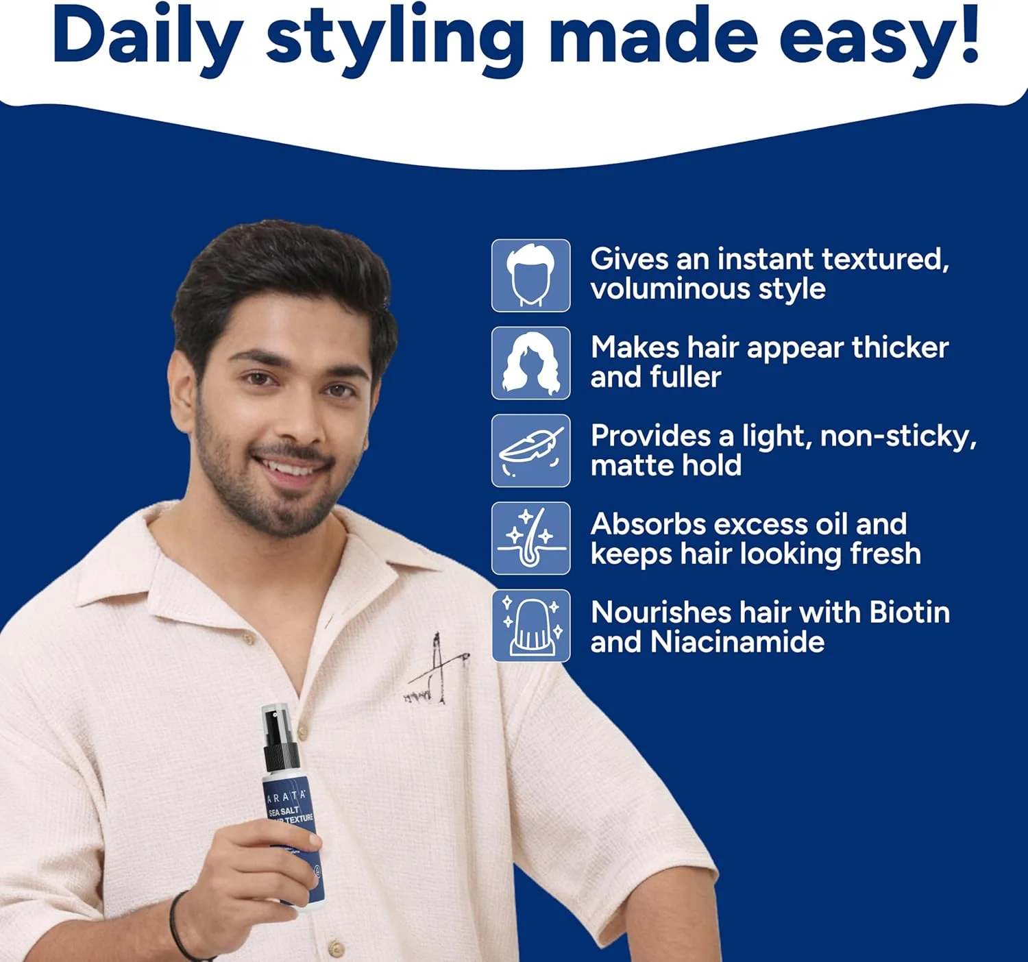 اسپری موی ضخیم کننده نمک دریایی آراتا (50 میلی لیتر) | غنی شده با نمک دریایی، بیوتین و نیاسینامید | برای موهای ضخیم تر و پرپشت تر فوری