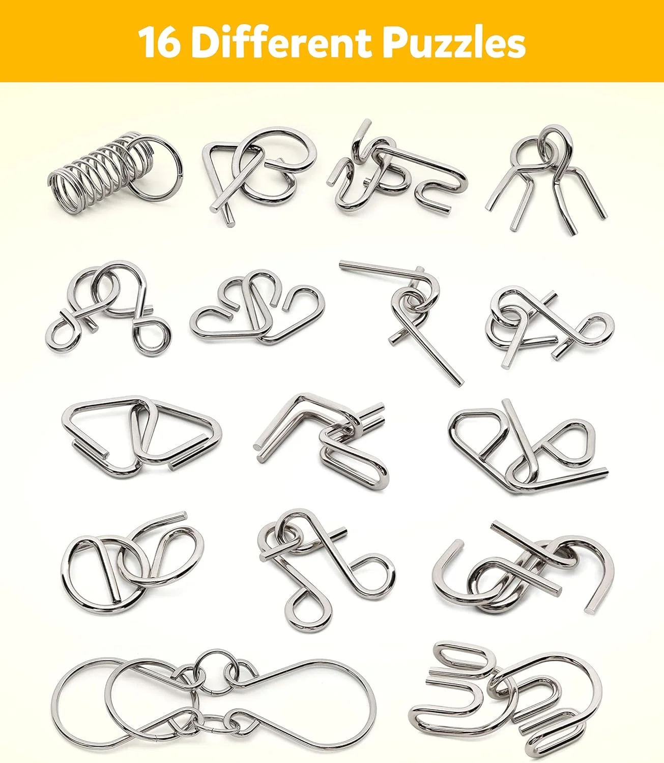 مجموعه پازل سیم فلزی کوگام شامل 16 عدد با کیف، تست هوش فکری، باز کردن قفل اتصال حلقه آهنی، بازی درهم تنیده، اسباب بازی ترفند جادویی حلقه چینی برای مهمانی، چالش کودکان و بزرگسالان
