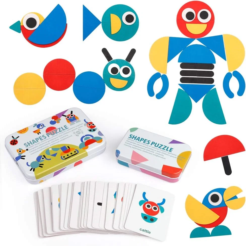 بلوک های طرح دار چوبی کوگام - مجموعه پازل اشکال تانگرام، بازی مرتب سازی رنگ ها، چیدن بلوک های چوبی، اره مویی حیوانات، اسباب بازی آموزشی مونته سوری، تقویت کننده مغز، هدیه STEM برای کودکان 3، 4 و 5 ساله (60 کارت الگو)