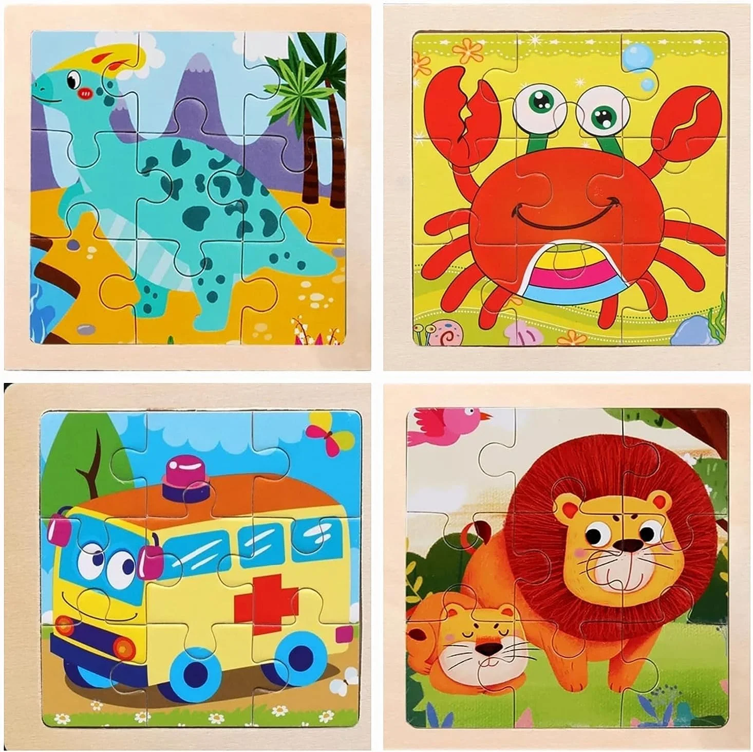 پازل چوبی ارهای برای کودکان، بسته 4 عددی (شیر، خرچنگ، دایناسور و اتوبوس آمبولانس) برای کودکان نوپا و بچه ها. اسباب بازی های آموزشی و یادگیری اولیه کودکان پازل چوبی ارهای برای کودکان، بسته 4 عددی (شیر، خرچنگ، دایناسور و اتوبوس آمبولانس) برای کودکان نوپا و بچه ها. اسباب بازی های آموزشی و یادگیری اولیه کودکان