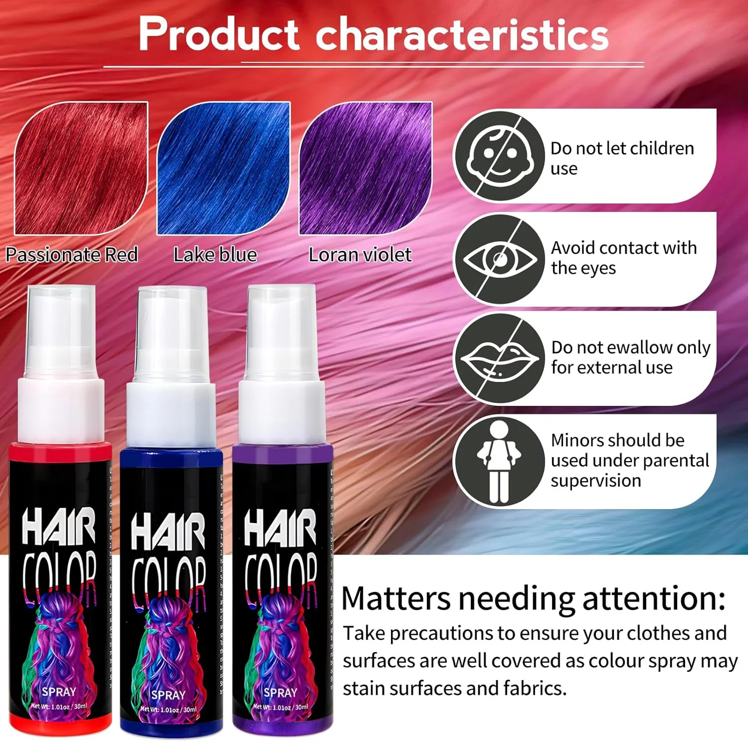 اسپری رنگ موی موقت آلونی 3 رنگ برای کودکان - رنگ موی قابل شستشو برای Cosplay، جشن، مهمانی، کریسمس، هالووین - آبی، قابل شستشو