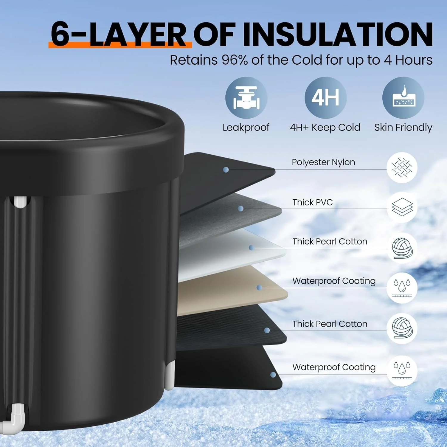 وان حمام یخ بزرگ Koeay XL برای ورزشکاران - وان سرد قابل حمل 435 لیتری با روکش برای حیاط باغ و باشگاه فضای باز، وان یخ تاشو با فریم ارتقا یافته برای بزرگسالان، مناسب برای ریکاوری بعد از تمرین