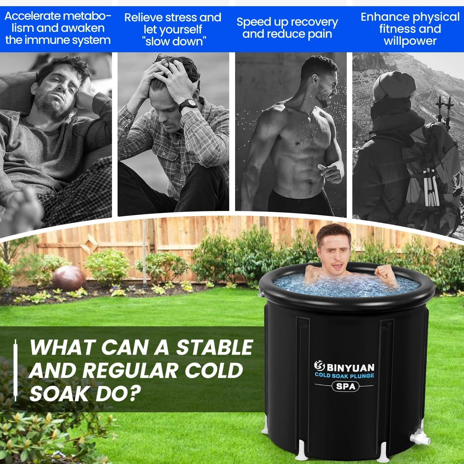 حوضچه یخ BINYUAN XL برای ورزشکاران به همراه پوشش، حوضچه غوطه وری سرد 400 لیتری برای ریکاوری، حوضچه غوطه وری یخ قابل حمل چند لایه مناسب برای باغ ها، سالن های ورزشی و سایر تمرینات آب درمانی سرد