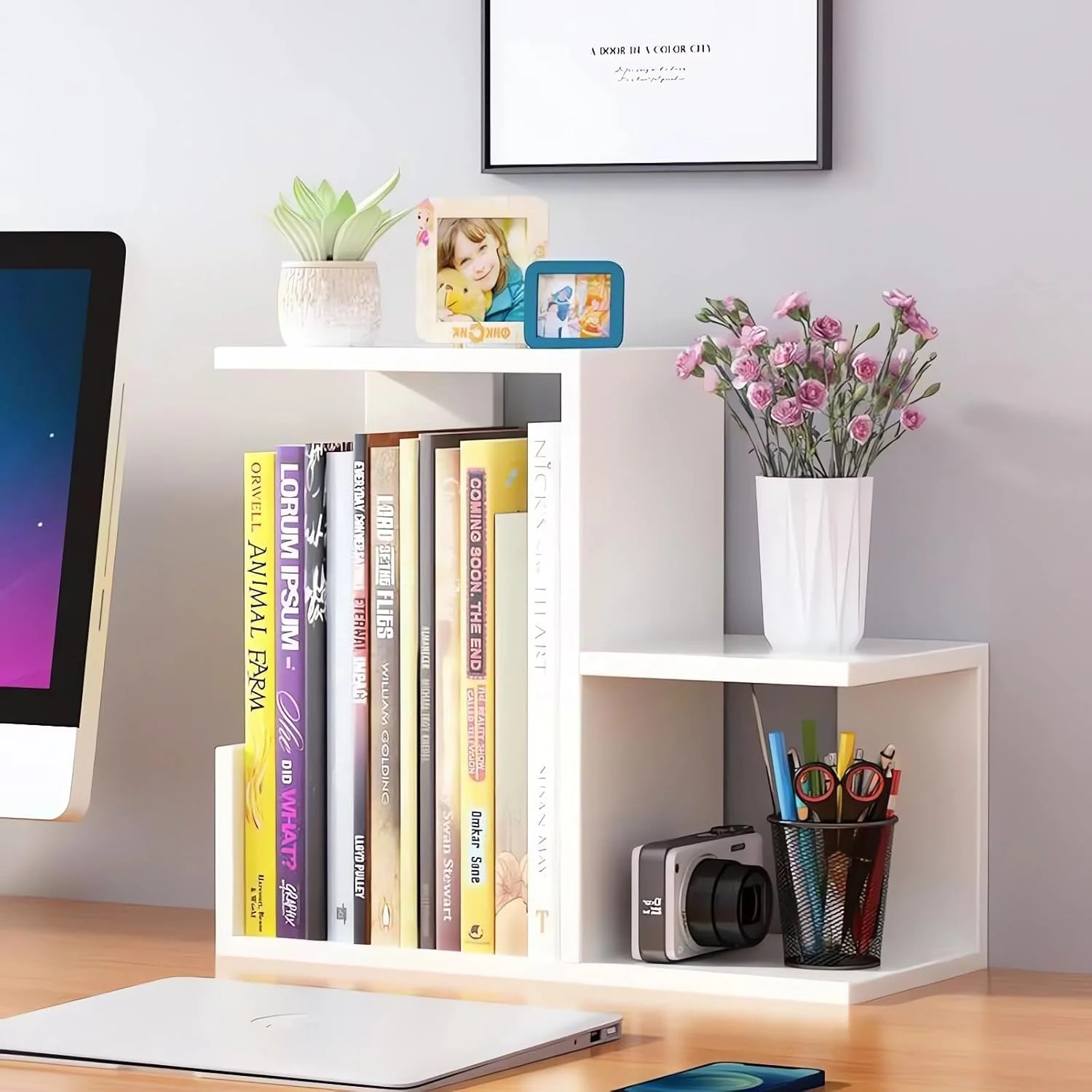 AUSHOPLAH نظم دهنده چوبی میز، قفسه رومیزی با کتابخانه، 31 x 31 x 15 سانتی متر، طراحی چند سطحی برای دفتر و مطالعه، E211 (سفید)