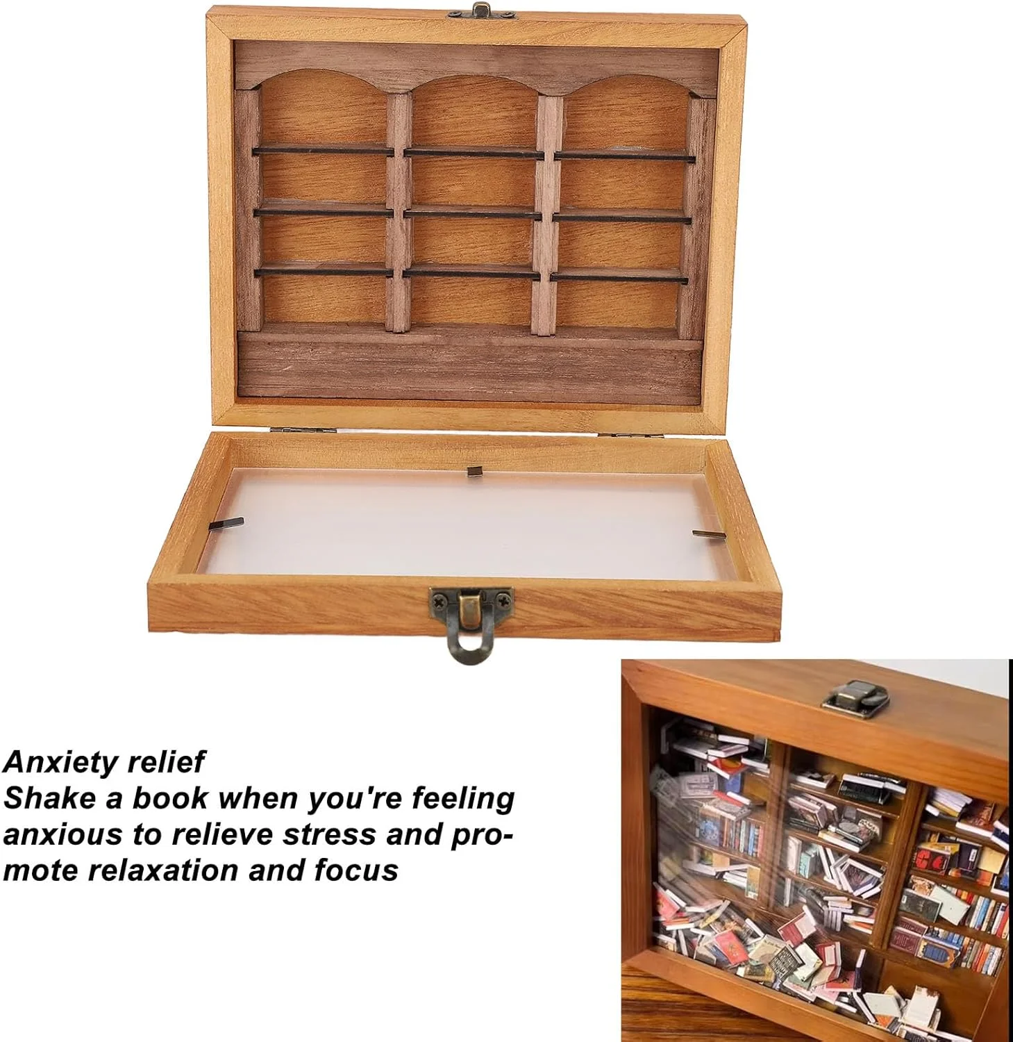 کتابخانه ضد اضطراب Banapoy، جعبه کبریت کتاب مینیاتوری، قفسه نمایشگر، کتابخانه چوبی کاهش دهنده استرس، اسباب بازی کتابخانه کوچک برای دوستداران کتاب، دکوراسیون خانه عروسکی (کتابخانه + مینی)