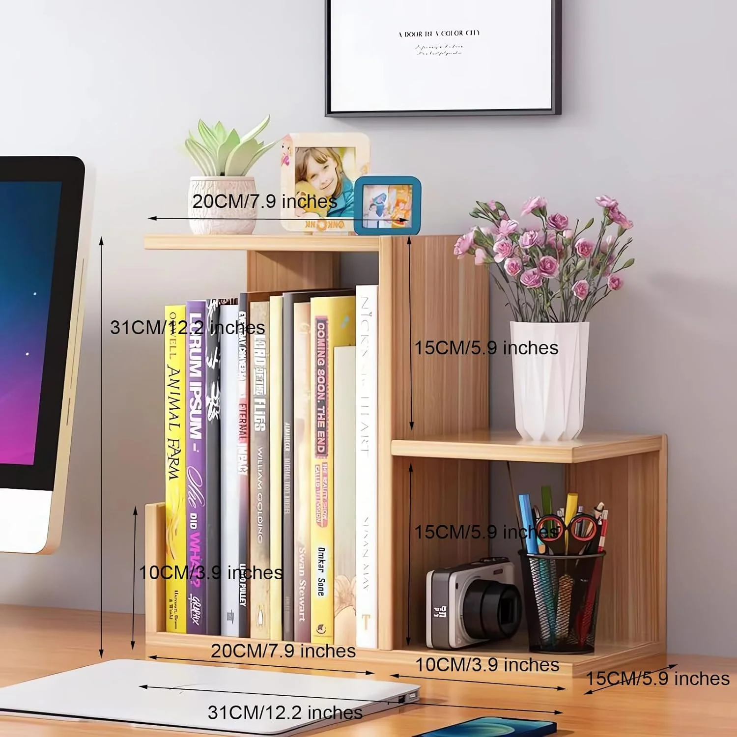 AUSHOPLAH نظم دهنده چوبی میز، قفسه رومیزی با کتابخانه، 31 x 31 x 15 سانتی متر، طراحی چند سطحی برای دفتر و مطالعه، E211 (سفید) AUSHOPLAH نظم دهنده چوبی میز، قفسه رومیزی با کتابخانه، 31 x 31 x 15 سانتی متر، طراحی چند سطحی برای دفتر و مطالعه، E211 (سفید)