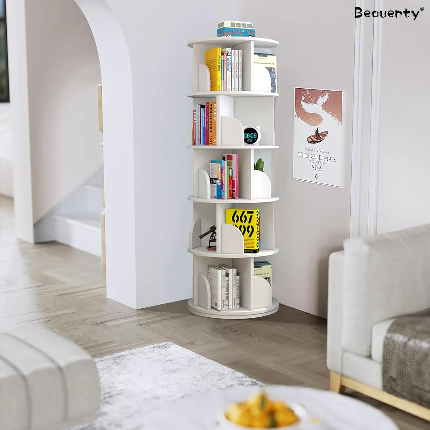 قفسه کتاب درختی Beauenty، قفسه های ذخیره سازی ایستاده، قفسه کتاب چرخشی 360 درجه، قفسه کتاب چوبی چند منظوره 5 طبقه، قفسه کتاب برای دفتر خانه (استایل 1)