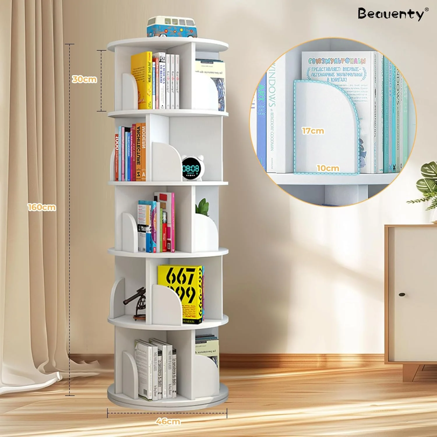 قفسه کتاب درختی Beauenty، قفسه های ذخیره سازی ایستاده، قفسه کتاب چرخشی 360 درجه، قفسه کتاب چوبی چند منظوره 5 طبقه، قفسه کتاب برای دفتر خانه (استایل 1)