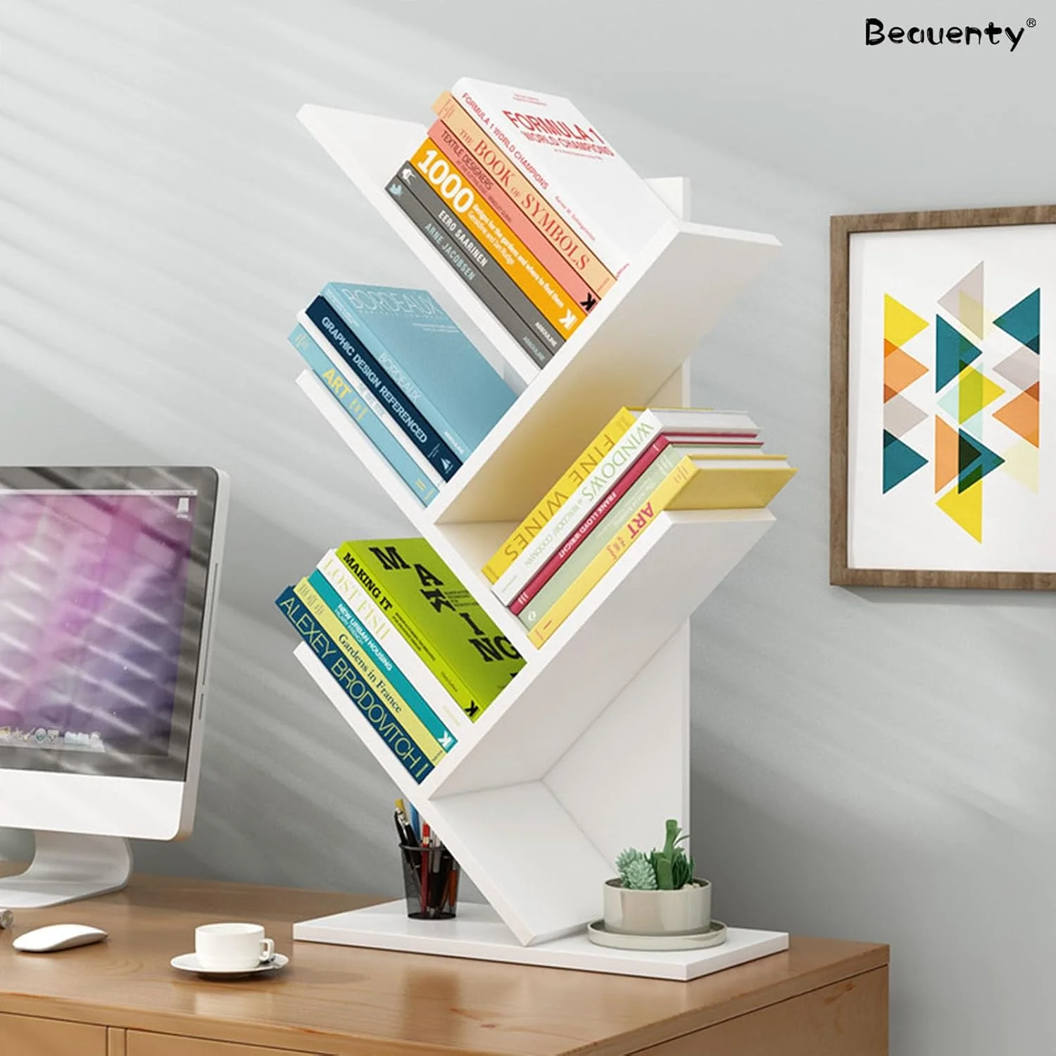 قفسه کتاب درختی 5 طبقه Beauenty، قفسه نمایشگر چوبی کوچک، سازمان دهنده رومیزی با نصب آسان برای خانه ها، مدارس یا دفاتر (سفید)