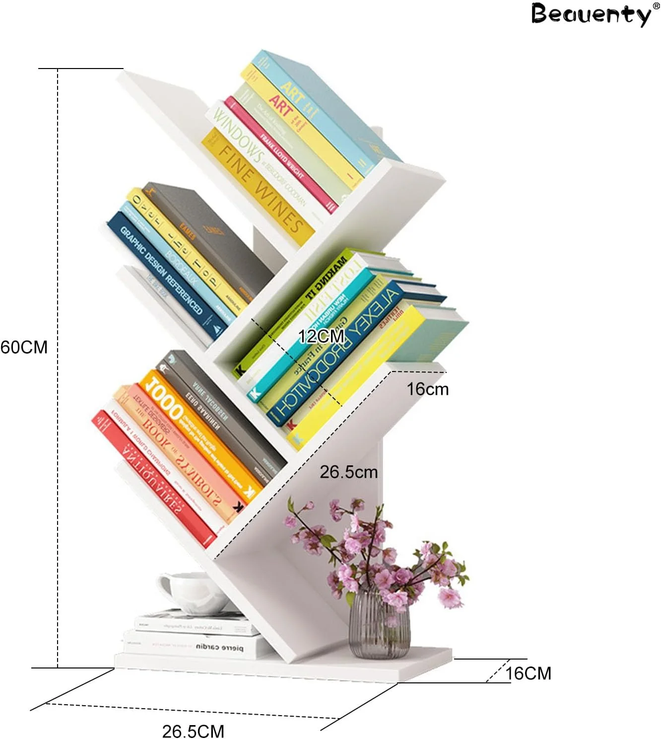 قفسه کتاب درختی 5 طبقه Beauenty، قفسه نمایشگر چوبی کوچک، سازمان دهنده رومیزی با نصب آسان برای خانه ها، مدارس یا دفاتر (سفید)