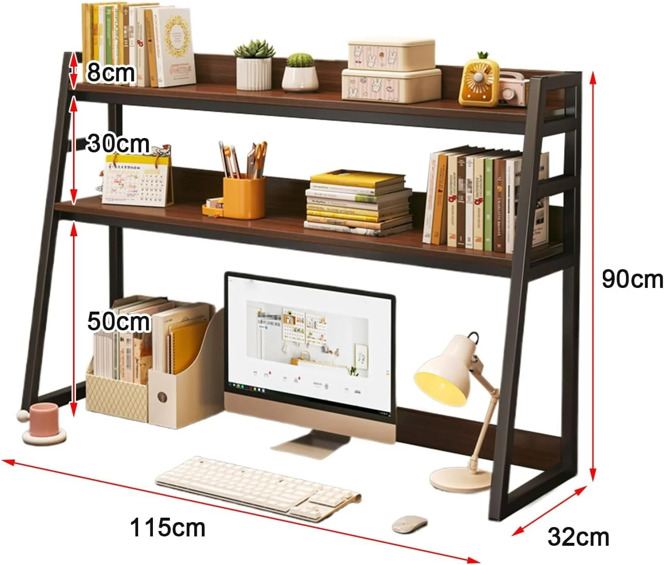 شلف رومیزی کامپیوتر با 2 طبقه فضای ذخیره سازی باز، قاب فولادی ضخیم و تحمل بار قوی، قفسه کتاب - ایده آل برای لوازم اداری، خوابگاه و منزل