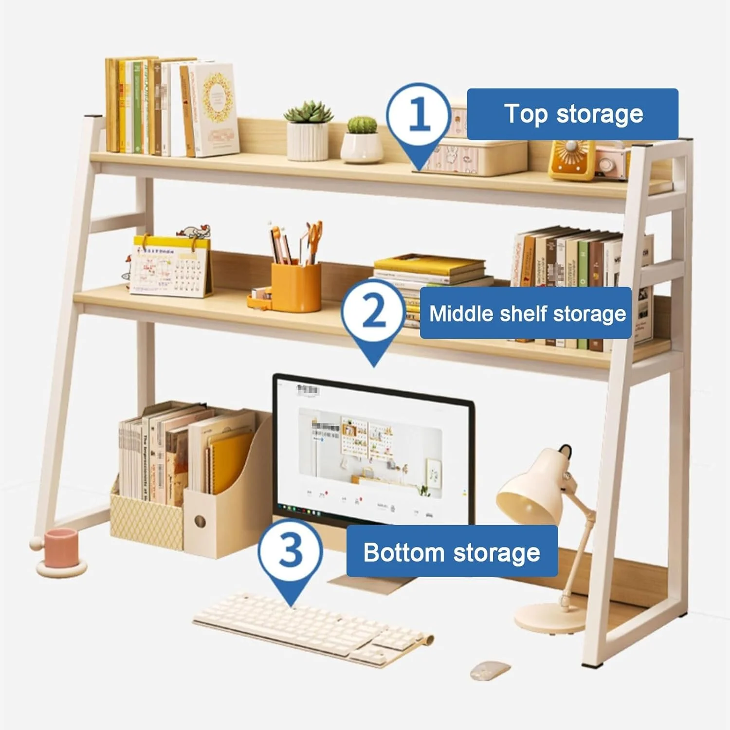 شلف رومیزی کامپیوتر با 2 طبقه فضای ذخیره سازی باز، قاب فولادی ضخیم و تحمل بار قوی، قفسه کتاب - ایده آل برای لوازم اداری، خوابگاه و منزل