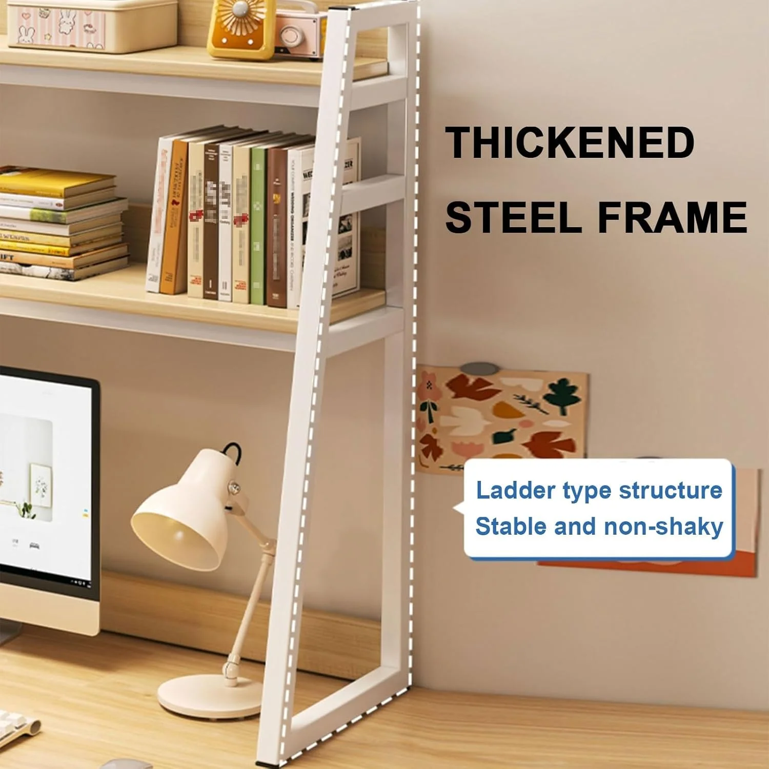 شلف رومیزی کامپیوتر با 2 طبقه فضای ذخیره سازی باز، قاب فولادی ضخیم و تحمل بار قوی، قفسه کتاب - ایده آل برای لوازم اداری، خوابگاه و منزل