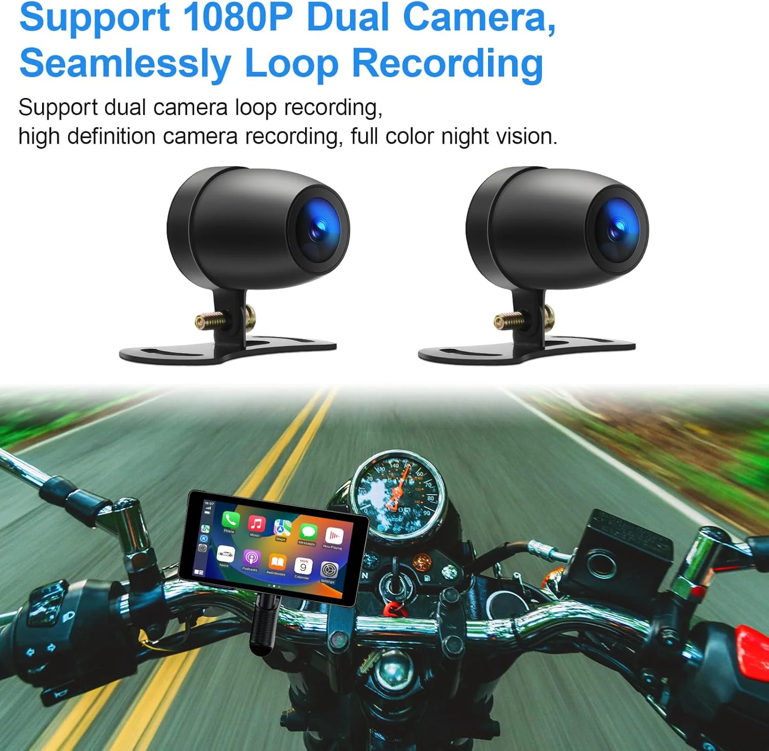 DVR موتورسیکلت پریمیوم LBW: کارپلی اپل و اندروید اتو بی‌سیم، دوربین‌های دوگانه HD 1080P، مسیریابی GPS، صفحه لمسی IPS 5.5 اینچی، بلوتوث، ضد آب IP66، سیری و گوگل ویس، کارت TF 128 گیگابایتی رایگان