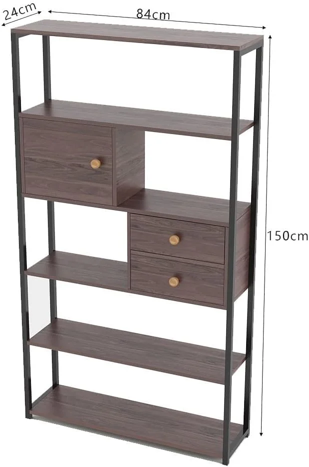 کتابخانه دانوب هوم وینچنزو I قفسه کتاب 5 طبقه با کشو I طراحی مدرن قفسه چوبی قابل تنظیم I قفسه ذخیره سازی نمایشگر صرفه جویی در فضا برای خانه، دفتر - گردویی/مشکی