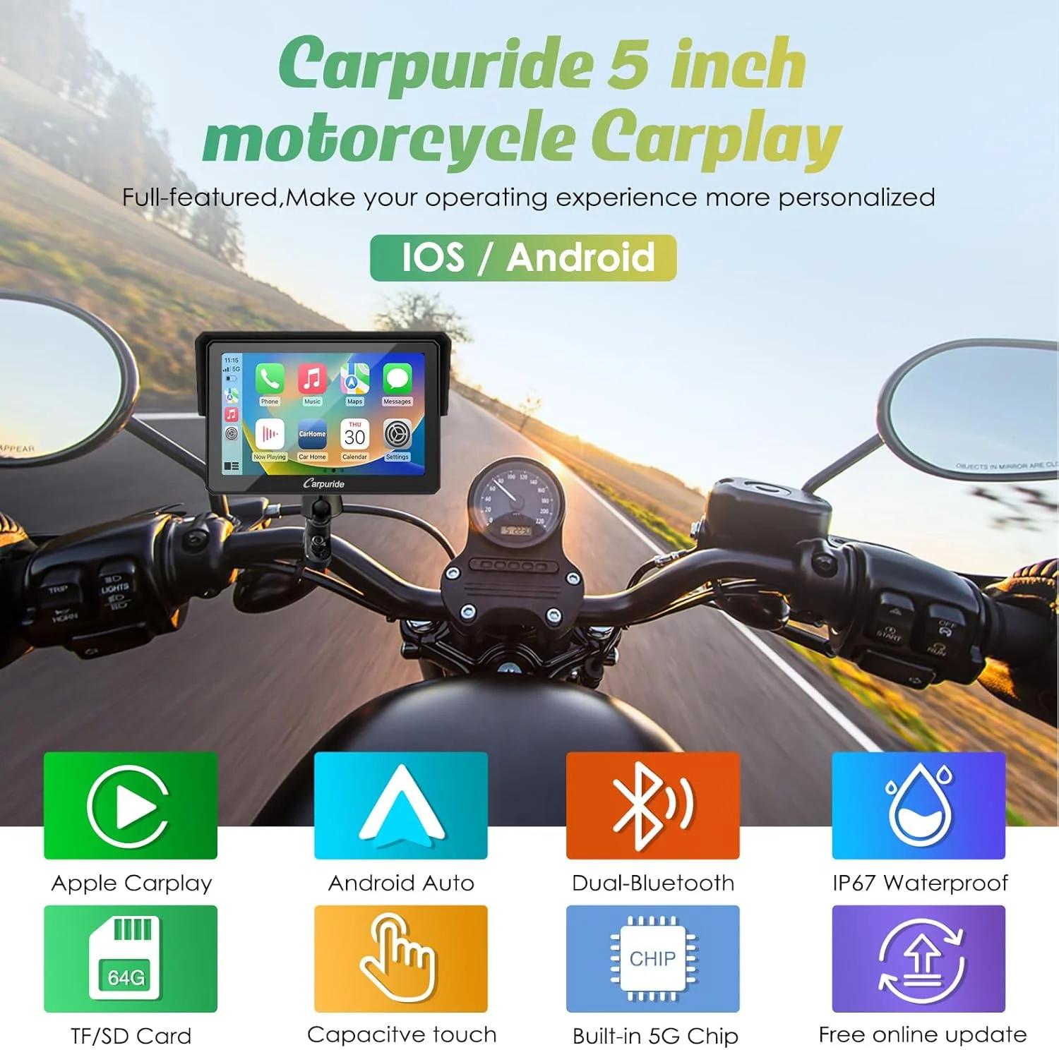 استریو ضد آب کارپرید W502 با GPS، Carplay/Android Auto بی‌سیم و قابل حمل برای موتور سیکلت، صفحه نمایش لمسی 5 اینچی IPS با بلوتوث دوگانه، مسیریابی/Siri/G00gle Assistant برای موتور سیکلت