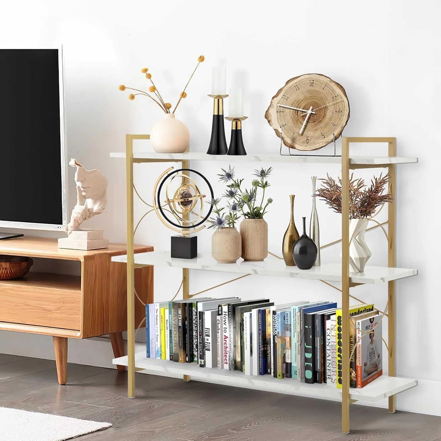 قفسه کتاب 3 طبقه fusehome، کتابخانه مدرن باز با 3 قفسه کوتاه، قفسه کتاب کوچک برای اتاق خواب، قفسه های نمایش چوبی و فلزی، مناسب برای دفتر کار خانگی، اتاق نشیمن، آشپزخانه، سفید و طلایی قفسه کتاب 3 طبقه fusehome، کتابخانه مدرن باز با 3 قفسه کوتاه، قفسه کتاب کوچک برای اتاق خواب، قفسه های نمایش چوبی و فلزی، مناسب برای دفتر کار خانگی، اتاق نشیمن، آشپزخانه، سفید و طلایی