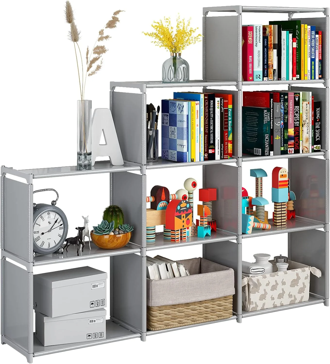 کتابخانه 9 خانه JIUYOTREE، واحد ذخیره سازی پله ای، سازمان دهنده ذخیره سازی چند منظوره برای کتاب، اسباب بازی، لباس، ابزار، خاکستری