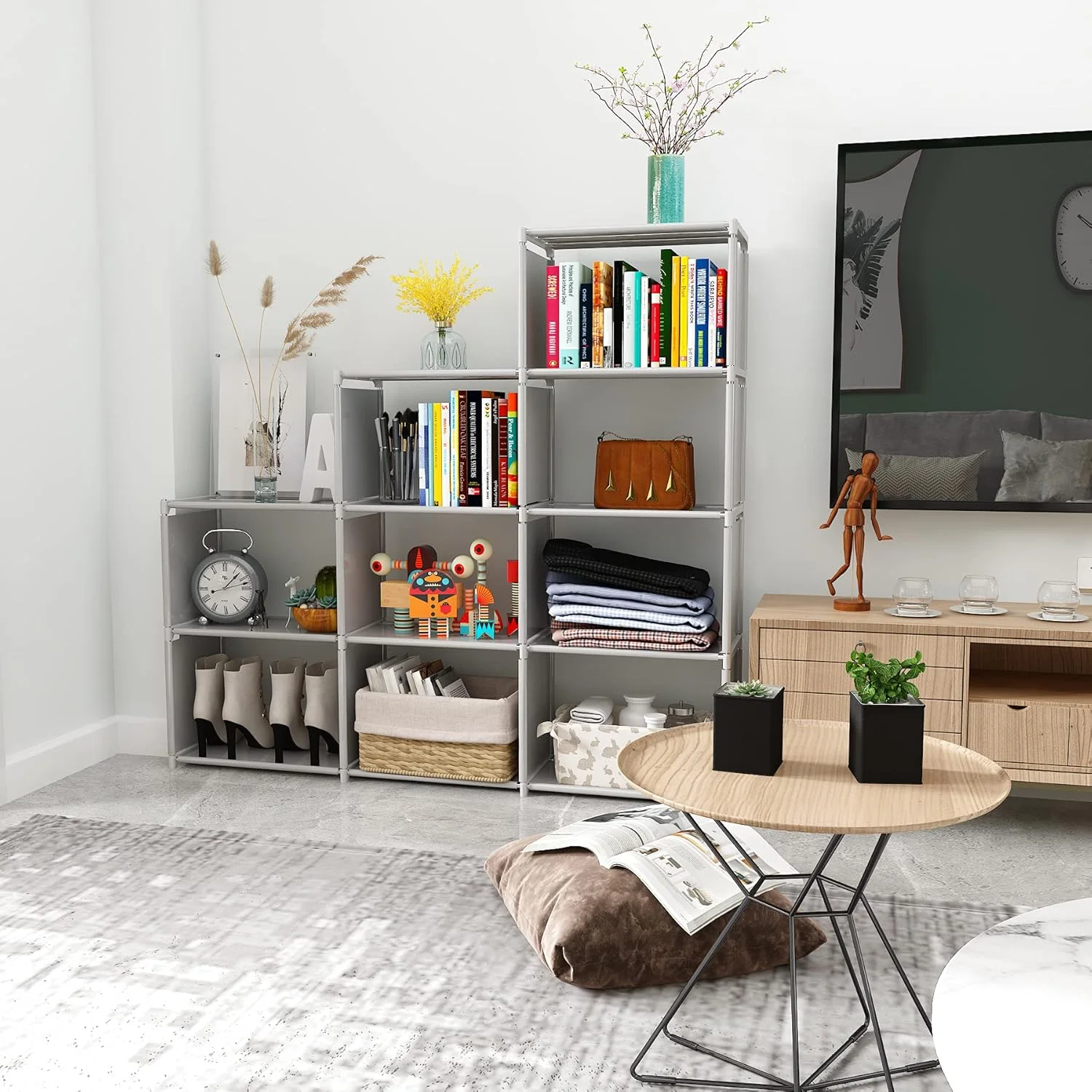 کتابخانه 9 خانه JIUYOTREE، واحد ذخیره سازی پله ای، سازمان دهنده ذخیره سازی چند منظوره برای کتاب، اسباب بازی، لباس، ابزار، خاکستری کتابخانه 9 خانه JIUYOTREE، واحد ذخیره سازی پله ای، سازمان دهنده ذخیره سازی چند منظوره برای کتاب، اسباب بازی، لباس، ابزار، خاکستری