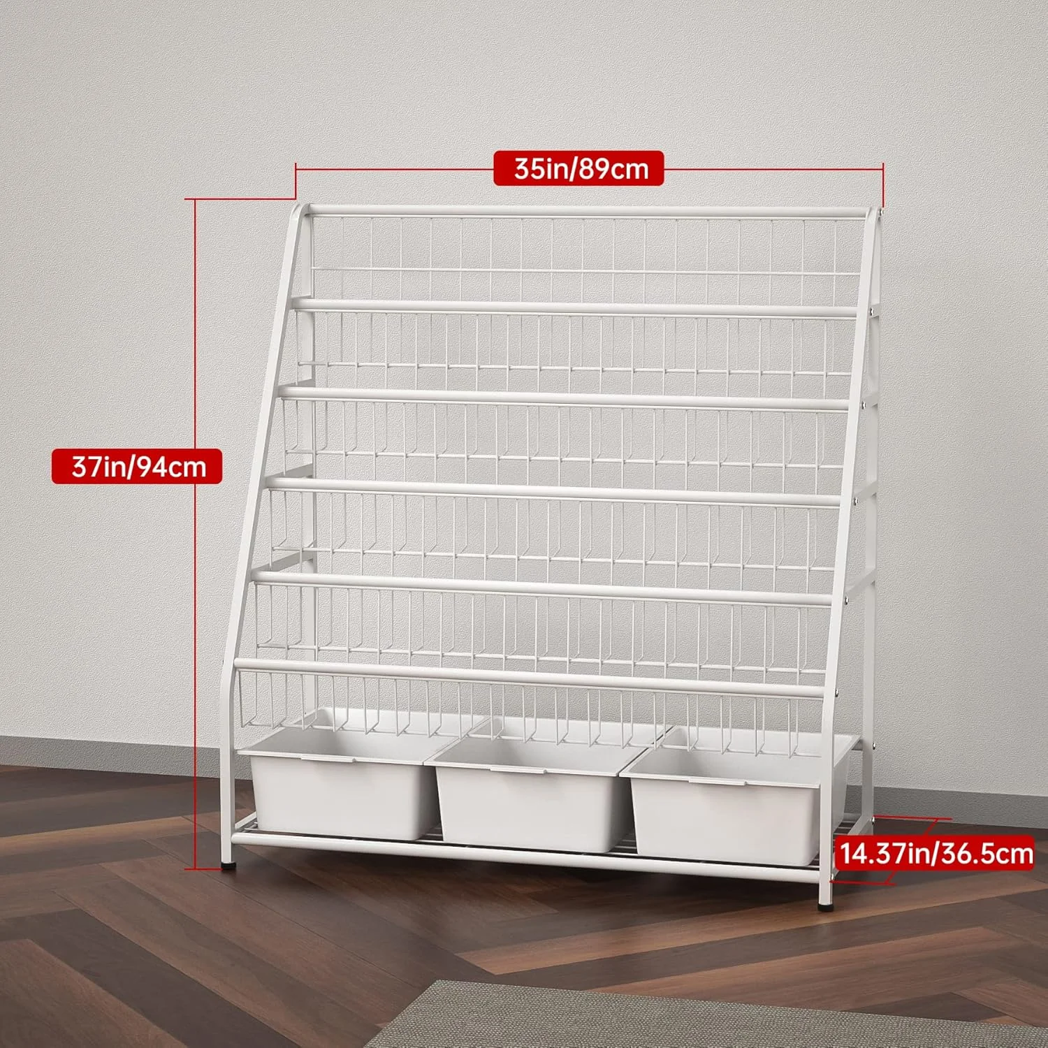 قفسه کتاب کودک JAQ، قفسه کتاب فلزی 6 طبقه با سطل های ذخیره سازی، سازمان دهنده قفسه ها برای نمایش در اتاق خواب، اتاق مطالعه، اتاق بازی (6 طبقه، سفید)