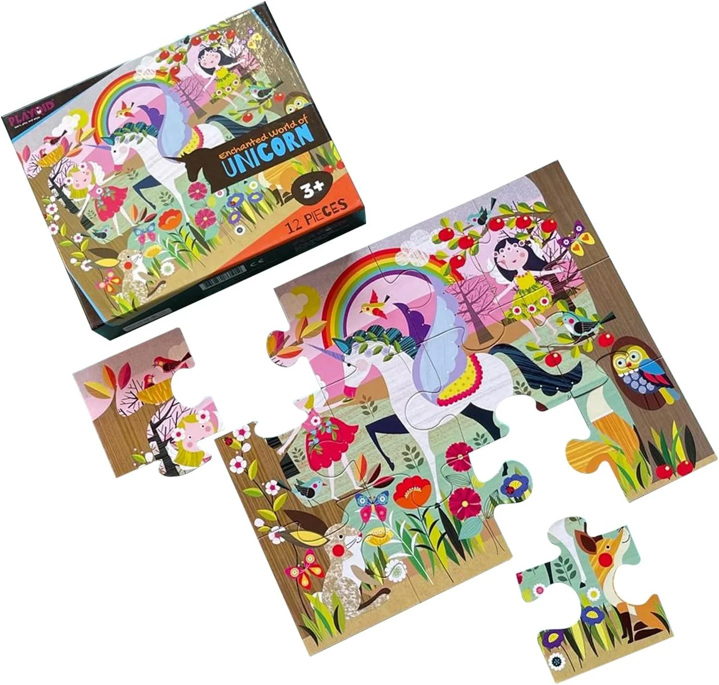 پازل اره‌مویی تک شاخ بزرگ Playqid برای کودکان 2-4 سال | دنیای افسون شده تک شاخ پازل زمینی 12 تکه بزرگ برای 3+ سال | بازی ها و هدایا برای جشن تولد با تم پری شاهزاده خانم