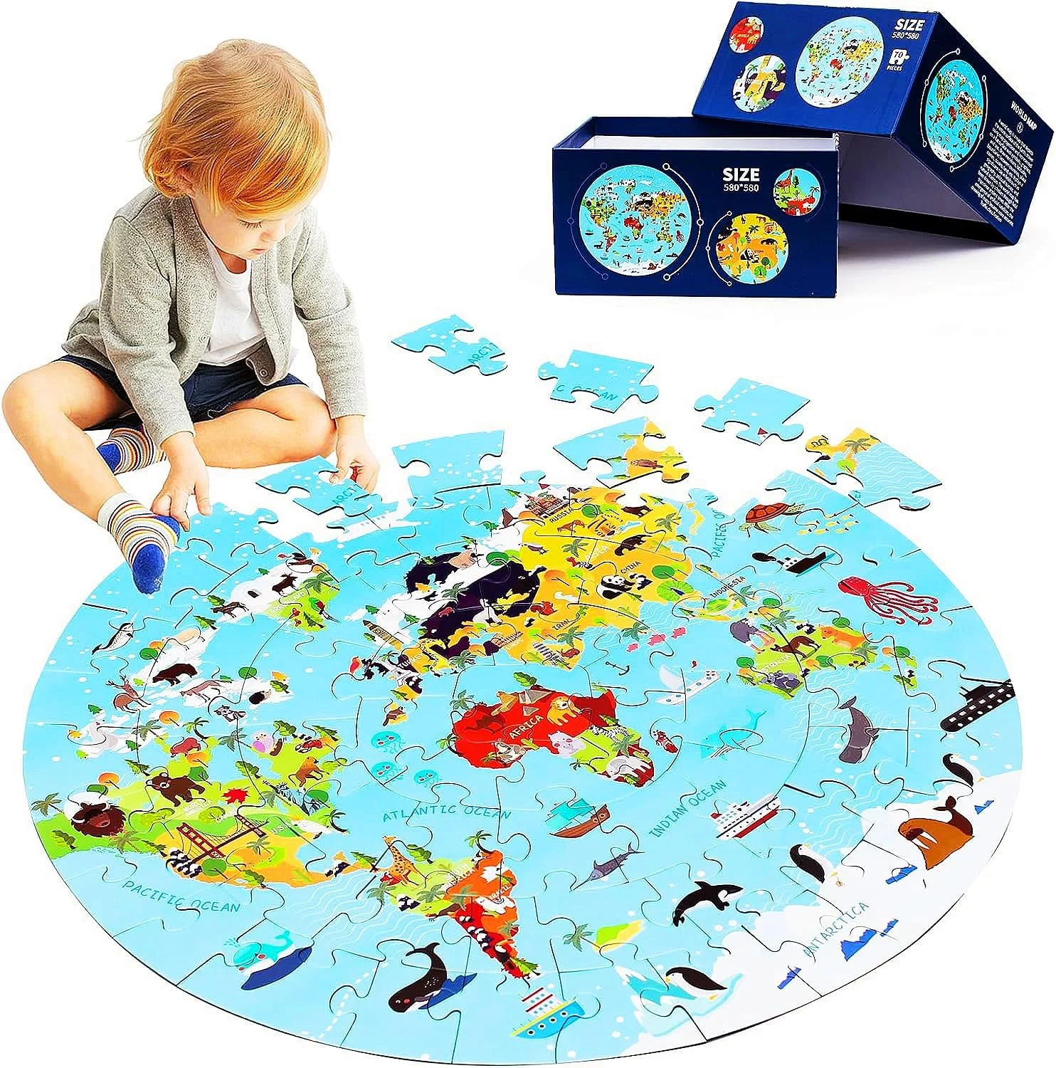 پازل نقشه جهان برای کودکان 4-17 سال، پازل های گرد بزرگ 70 تکه ای برای کودکان، بازی های جغرافیایی، اسباب بازی های آموزشی، هدیه تولد و تعطیلات برای پسران و دختران