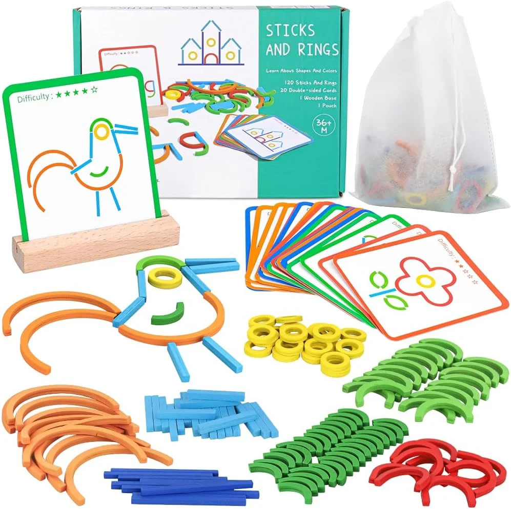 اسباب بازی چوبی خلاقانه Oxsaytee شامل چوب و حلقه برای کودکان 3+، پازل تطبیقی مونته سوری، اسباب بازی های آموزشی برای پسران و دختران پیش دبستانی و مهد کودک