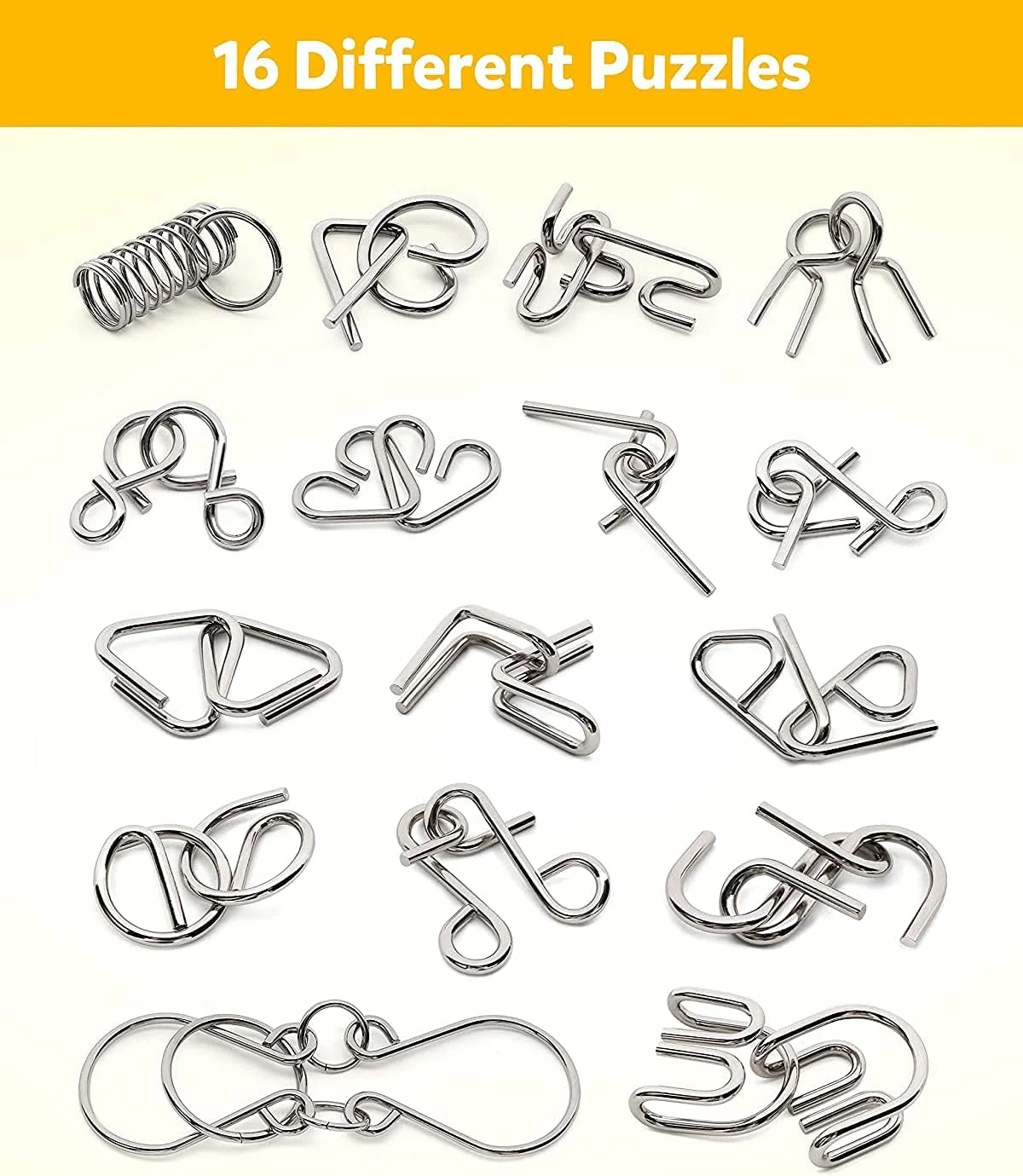 مجموعه پازل سیم فلزی مامو بیر شامل 16 عدد، تست هوش فکری، بازی باز کردن قفل حلقه های درهم تنیده آهنی، اسباب بازی ترفند جادویی حلقه چینی برای مهمانی کودکان، چالش بزرگسالان