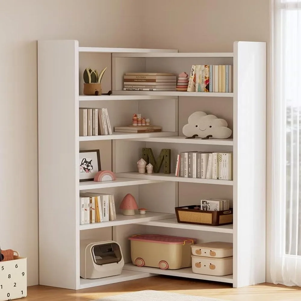 کتابخانه چند طبقه دو طرفه KUTIS - قفسه کتاب بلند با طراحی خلاقانه قابل تنظیم، قفسه گوشه مدرن با پانل های چوبی ضخیم 15 میلی متری، سازمان دهنده قفسه نمایش باز برای اتاق خواب