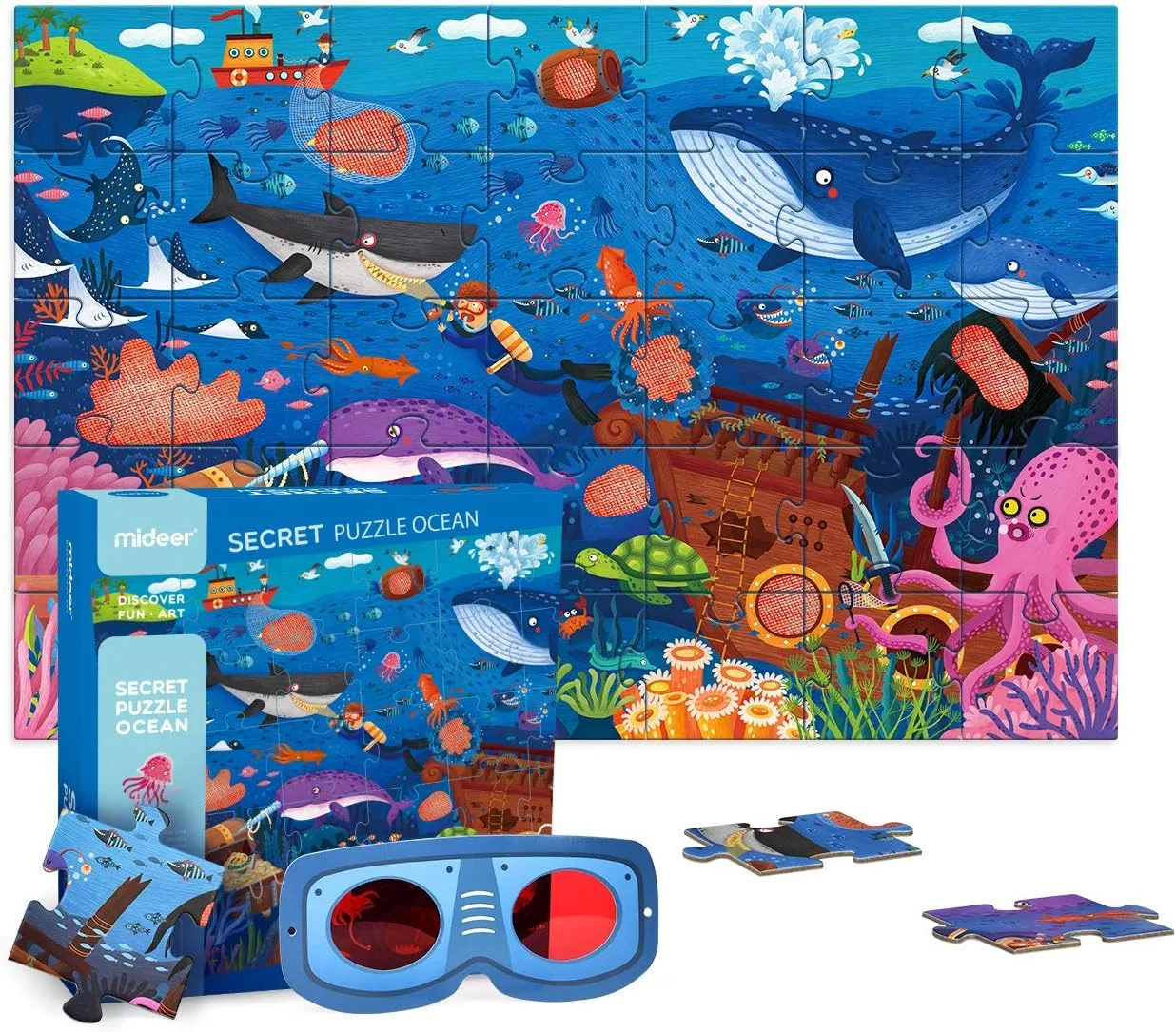 پازل کف اقیانوس مخفی Mideer، 35 قطعه پازل مقوایی ضخیم به همراه یک عینک