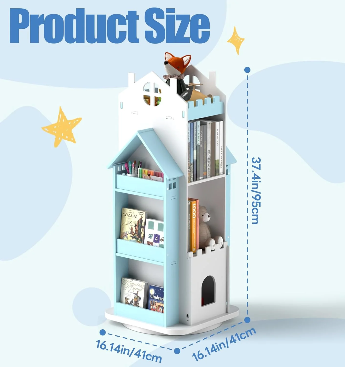کتابخانه گردان 360 درجه کودک Suuiwau، کتابخانه چرخشی آبی رنگ 3 طبقه، قفسه کتاب خانه عروسکی چرخشی، سازمان دهنده ذخیره سازی کتاب ایستاده برای اتاق کودکان