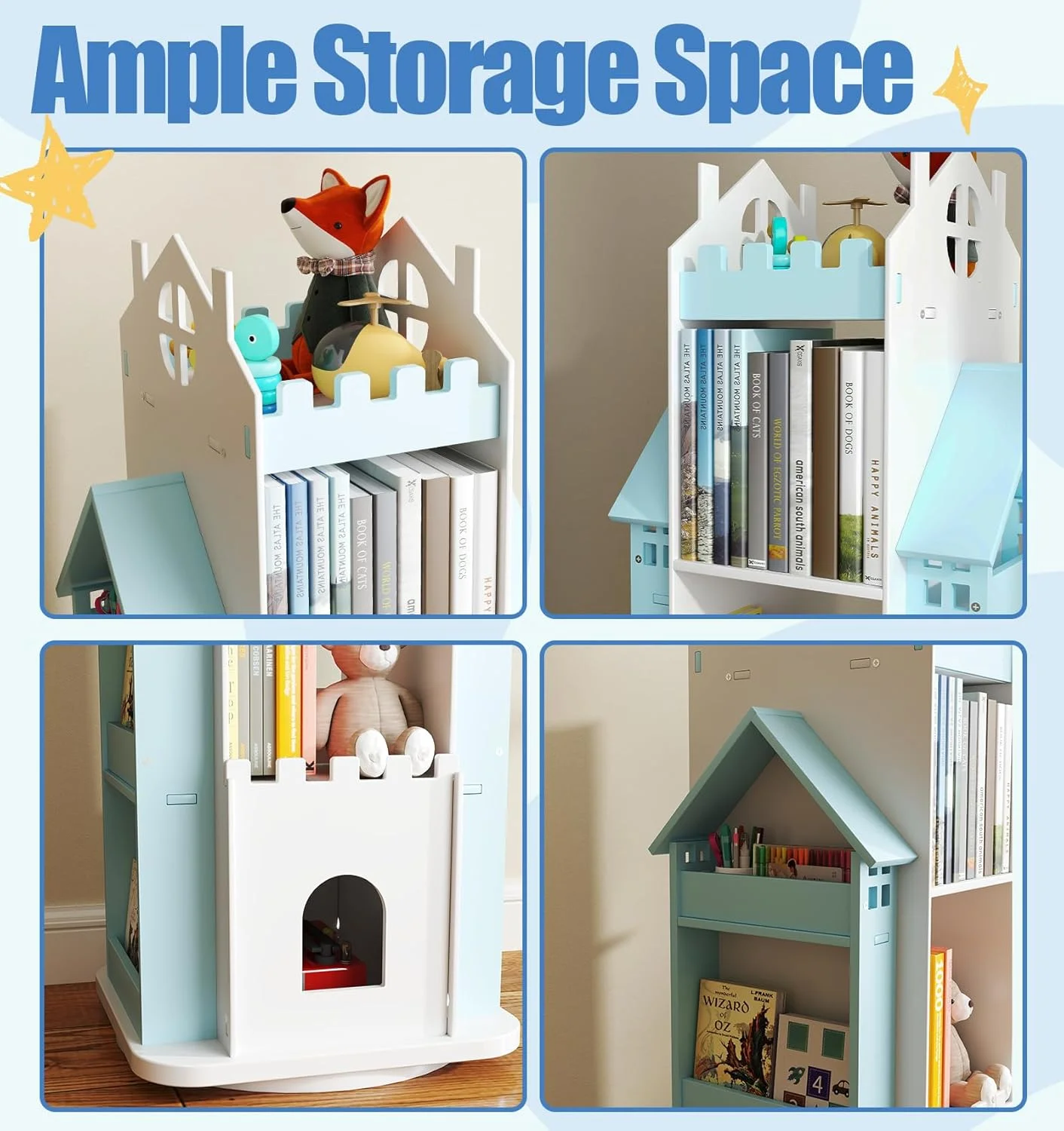 کتابخانه گردان 360 درجه کودک Suuiwau، کتابخانه چرخشی آبی رنگ 3 طبقه، قفسه کتاب خانه عروسکی چرخشی، سازمان دهنده ذخیره سازی کتاب ایستاده برای اتاق کودکان