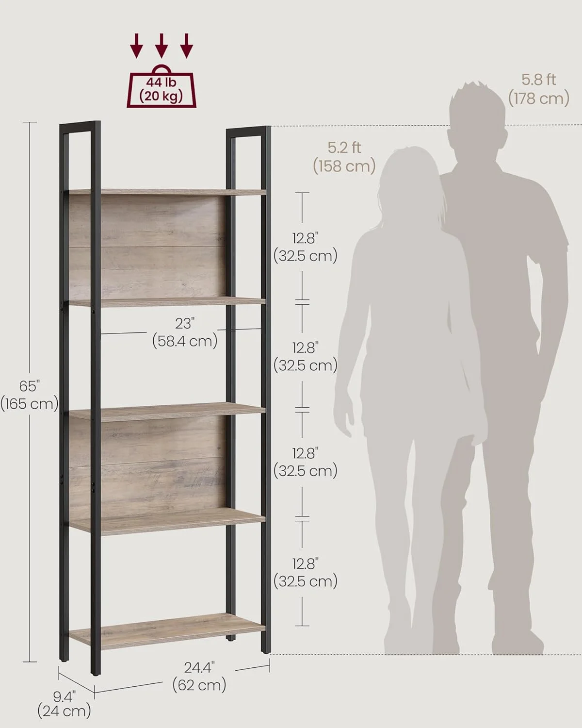 قفسه کتاب صنعتی VASAGLE، قفسه کتاب 5 طبقه، قفسه ذخیره سازی ALINRU، قاب فولادی، برای اتاق نشیمن، ورودی، دفتر کار، خاکستری مایل به قهوه ای و مشکی ULLS025B02، 62x24x165 سانتی متر