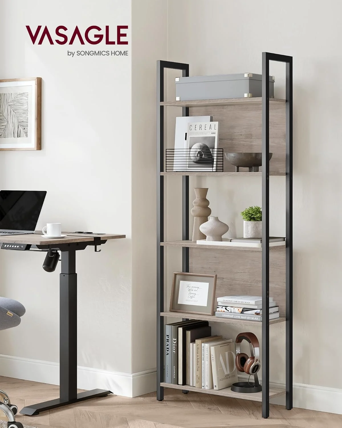 قفسه کتاب صنعتی VASAGLE، قفسه کتاب 5 طبقه، قفسه ذخیره سازی ALINRU، قاب فولادی، برای اتاق نشیمن، ورودی، دفتر کار، خاکستری مایل به قهوه ای و مشکی ULLS025B02، 62x24x165 سانتی متر