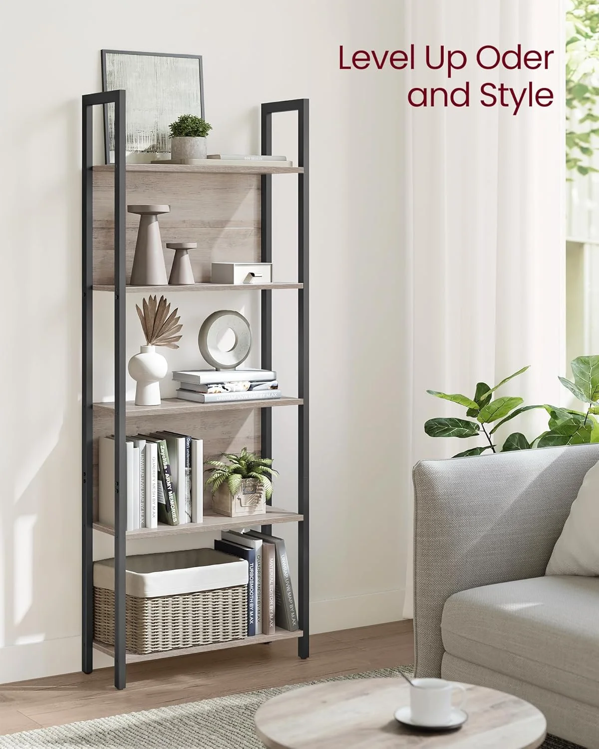 قفسه کتاب صنعتی VASAGLE، قفسه کتاب 5 طبقه، قفسه ذخیره سازی ALINRU، قاب فولادی، برای اتاق نشیمن، ورودی، دفتر کار، خاکستری مایل به قهوه ای و مشکی ULLS025B02، 62x24x165 سانتی متر