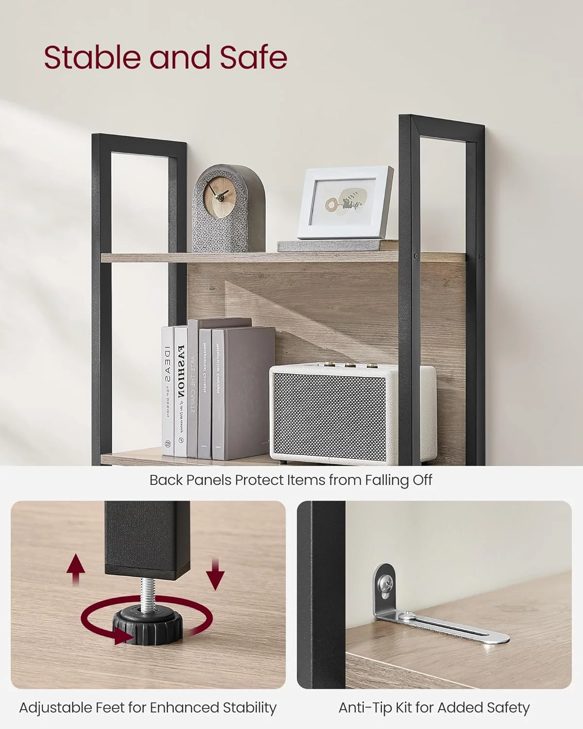 قفسه کتاب صنعتی VASAGLE، قفسه کتاب 5 طبقه، قفسه ذخیره سازی ALINRU، قاب فولادی، برای اتاق نشیمن، ورودی، دفتر کار، خاکستری مایل به قهوه ای و مشکی ULLS025B02، 62x24x165 سانتی متر