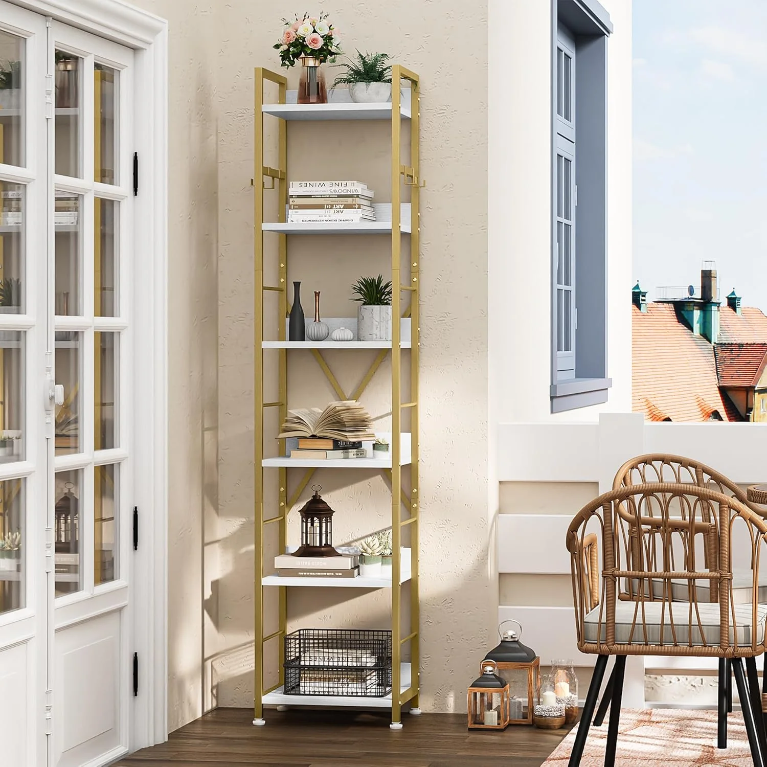 کتابخانه 6 طبقه YITAHOME، قفسه کتاب ایستاده با 4 قلاب، قفسه چوبی و قفسه کتاب فلزی، قفسه بلند صنعتی برای اتاق نشیمن، دفتر کار خانگی، کتابخانه طلایی کتابخانه 6 طبقه YITAHOME، قفسه کتاب ایستاده با 4 قلاب، قفسه چوبی و قفسه کتاب فلزی، قفسه بلند صنعتی برای اتاق نشیمن، دفتر کار خانگی، کتابخانه طلایی