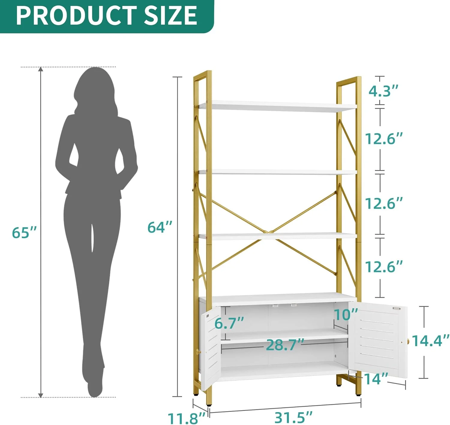 قفسه کتاب و کتابخانه YITAHOME با کابینت ذخیره سازی، قفسه نمایشگر 5 طبقه ایستاده با در برای اتاق خواب، اتاق نشیمن، دفتر کار، سفید و طلایی قفسه کتاب و کتابخانه YITAHOME با کابینت ذخیره سازی، قفسه نمایشگر 5 طبقه ایستاده با در برای اتاق خواب، اتاق نشیمن، دفتر کار، سفید و طلایی