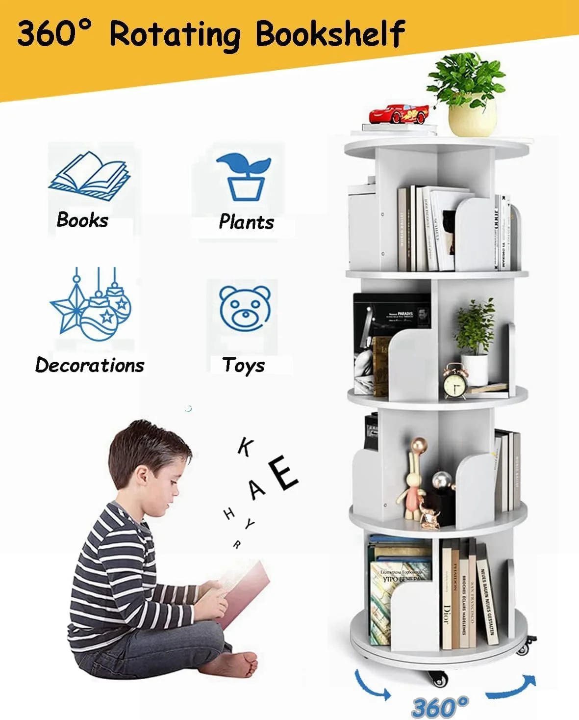 قفسه کتاب گردان 4 طبقه Yeshine، قفسه کتاب 360 درجه با چرخ، قفسه نمایش گوشه ای، قفسه کتاب ایستاده برای اتاق خواب، اتاق نشیمن، مطالعه، دفتر قفسه کتاب گردان 4 طبقه Yeshine، قفسه کتاب 360 درجه با چرخ، قفسه نمایش گوشه ای، قفسه کتاب ایستاده برای اتاق خواب، اتاق نشیمن، مطالعه، دفتر