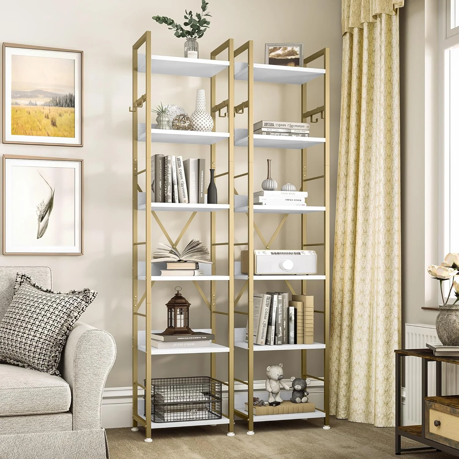 کتابخانه 6 طبقه YITAHOME، قفسه کتاب ایستاده با 4 قلاب، قفسه چوبی و قفسه کتاب فلزی، قفسه بلند صنعتی برای اتاق نشیمن، دفتر کار خانگی، کتابخانه طلایی کتابخانه 6 طبقه YITAHOME، قفسه کتاب ایستاده با 4 قلاب، قفسه چوبی و قفسه کتاب فلزی، قفسه بلند صنعتی برای اتاق نشیمن، دفتر کار خانگی، کتابخانه طلایی